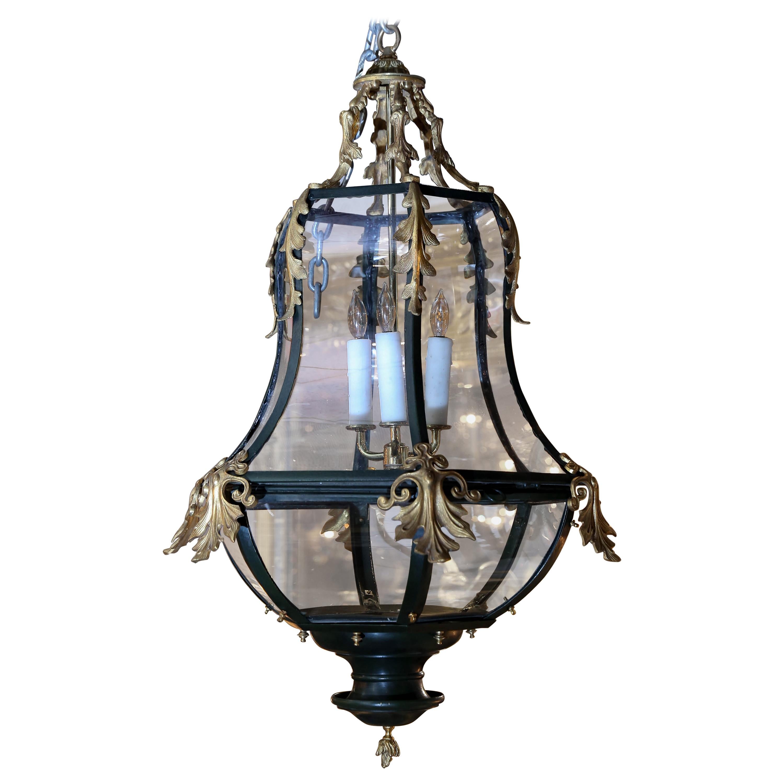 French Black Iron and Gilt Bronze Lantern Chandelier with Glass Inserts