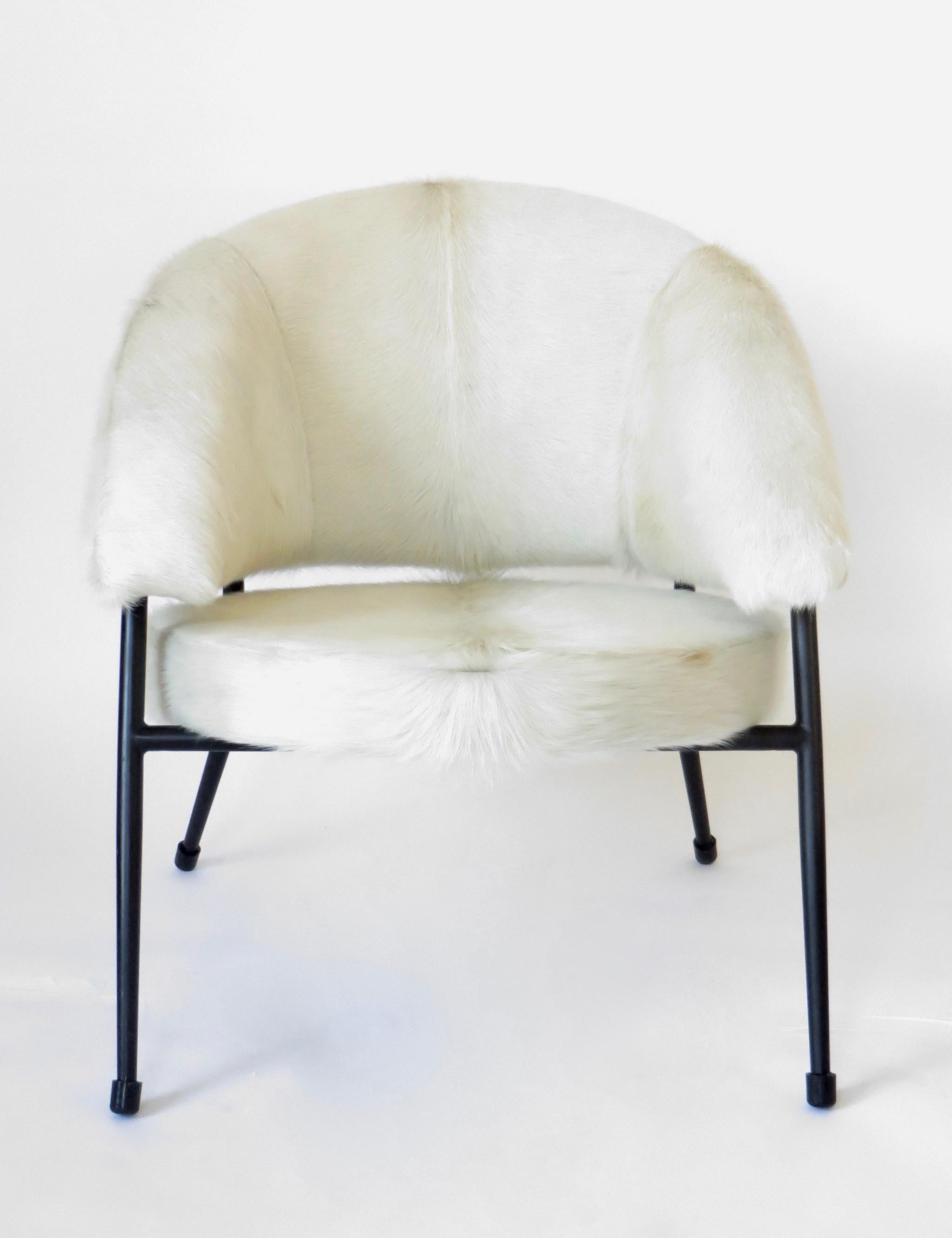 Mid-Century Modern French Black Iron Framed with White Hair on Hide Upholstered Lounge Chair