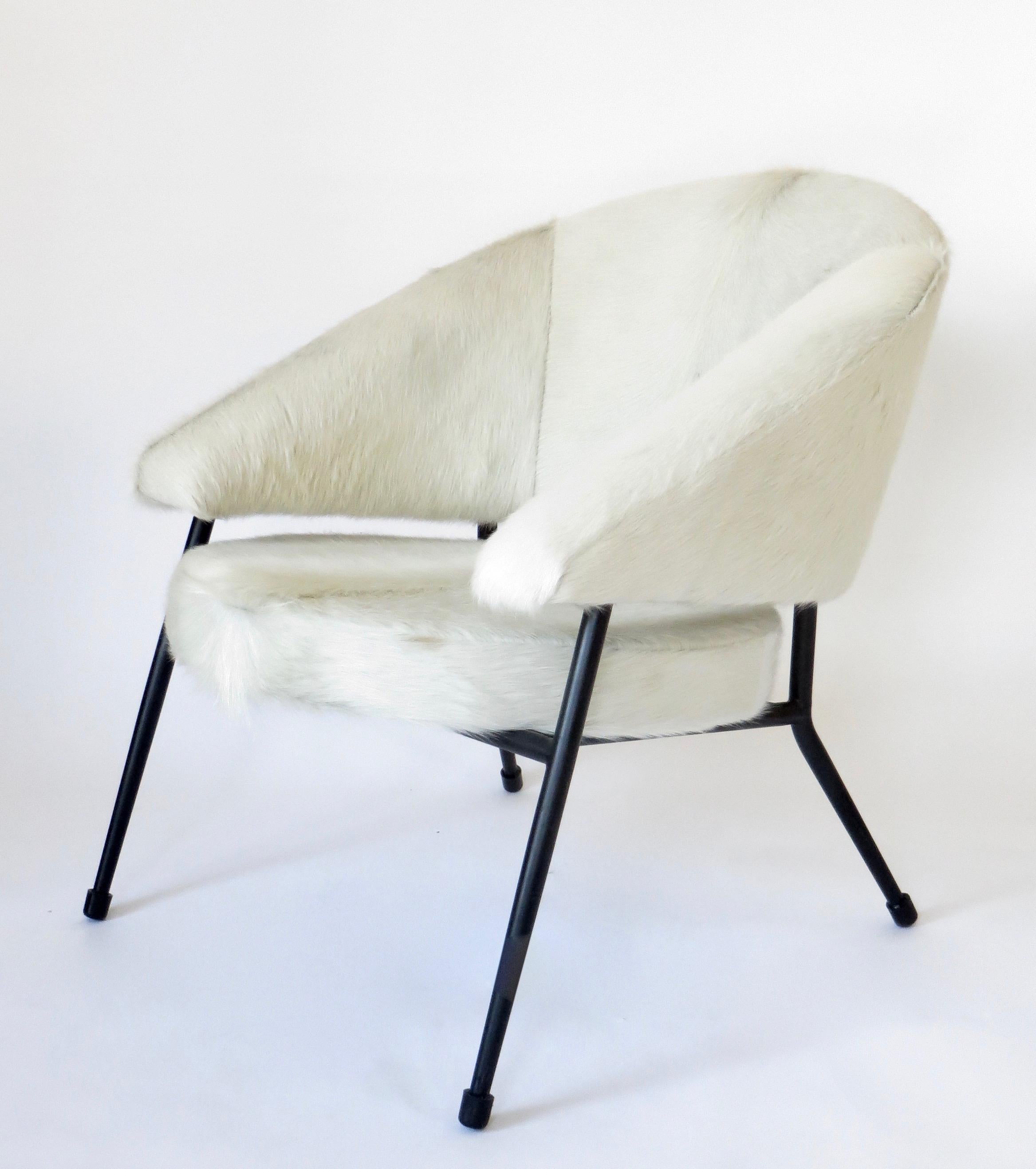 French Black Iron Framed with White Hair on Hide Upholstered Lounge Chair In Good Condition In Chicago, IL