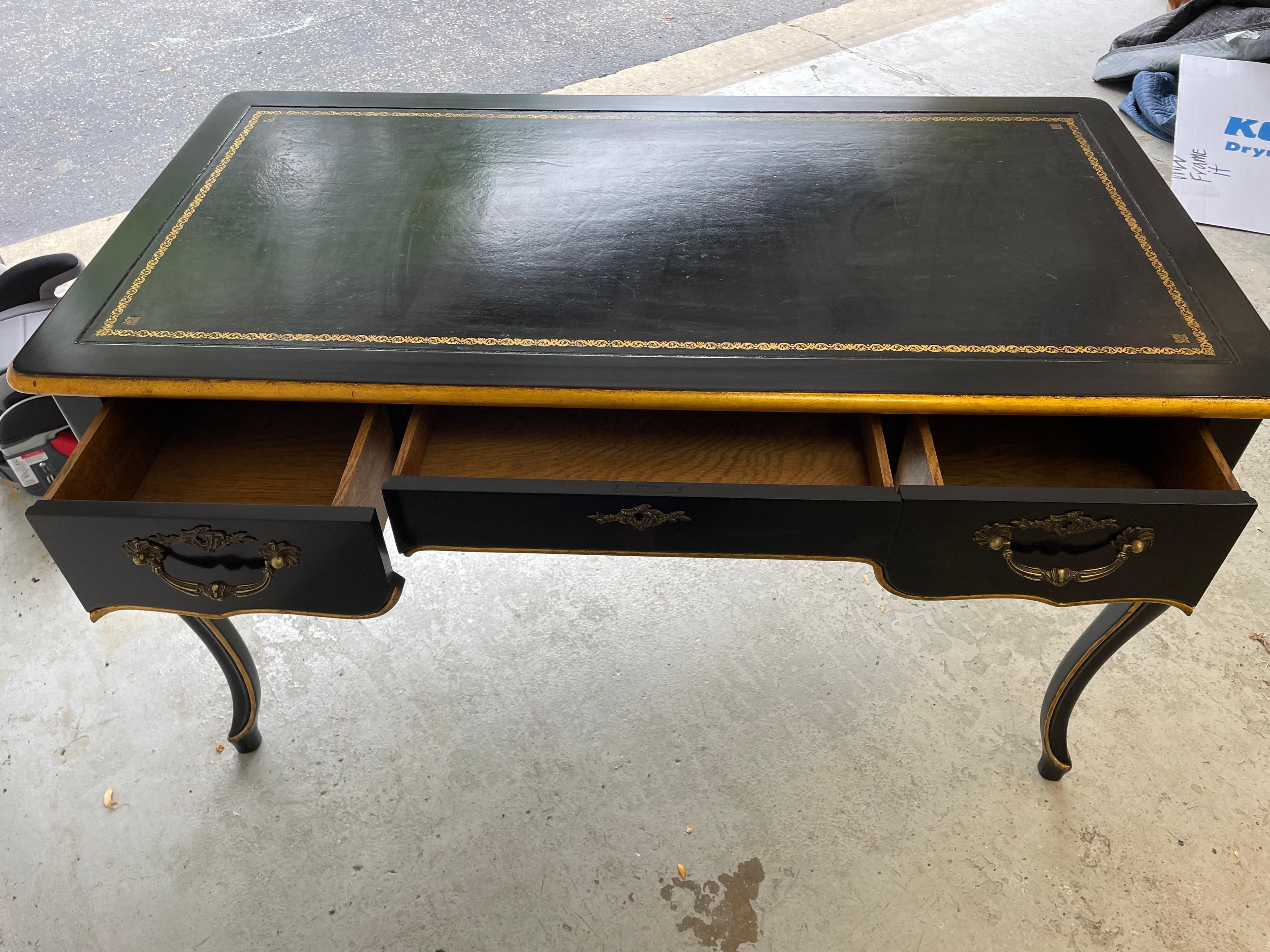 French Black Lacquer and Leather Top Writing Desk by Baker In Good Condition In Chicago, IL