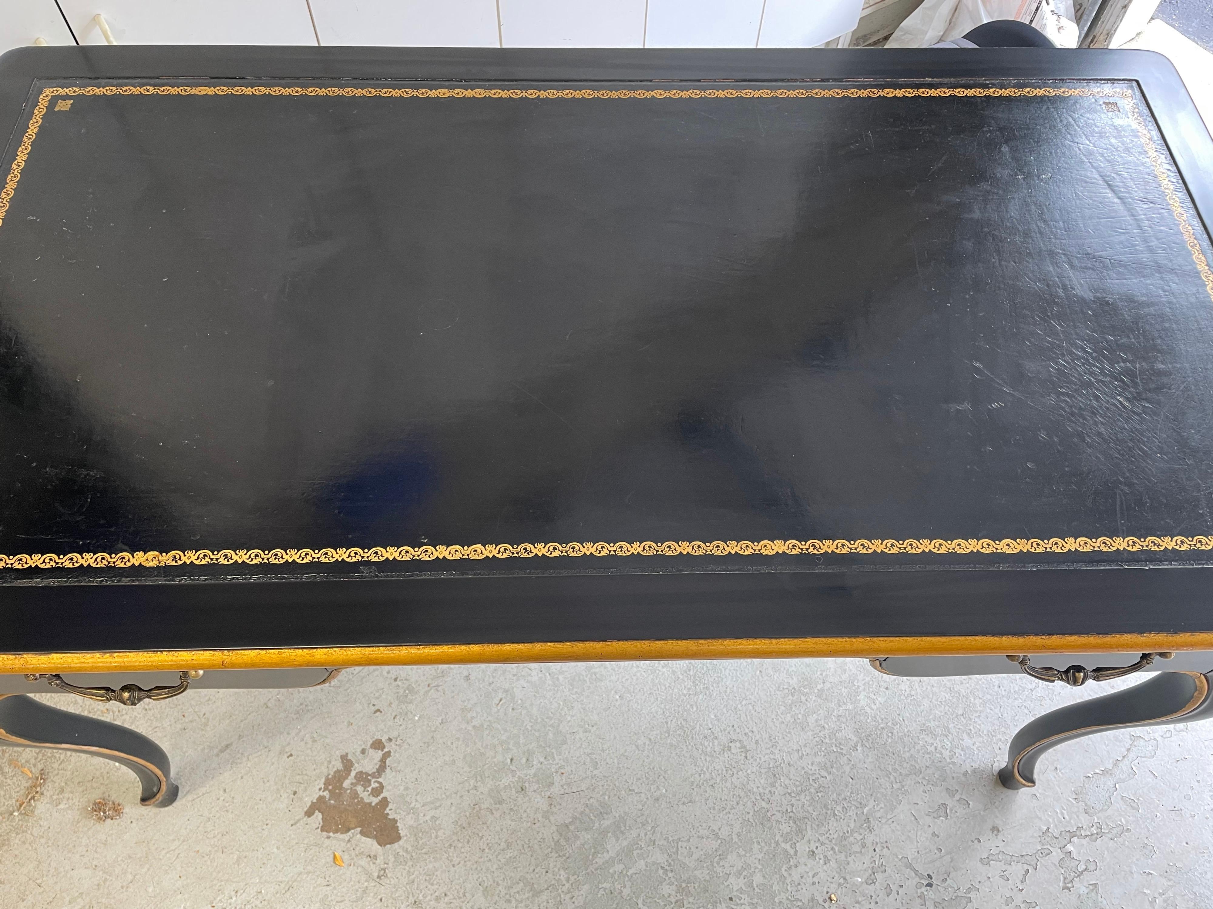 Late 20th Century French Black Lacquer and Leather Top Writing Desk by Baker