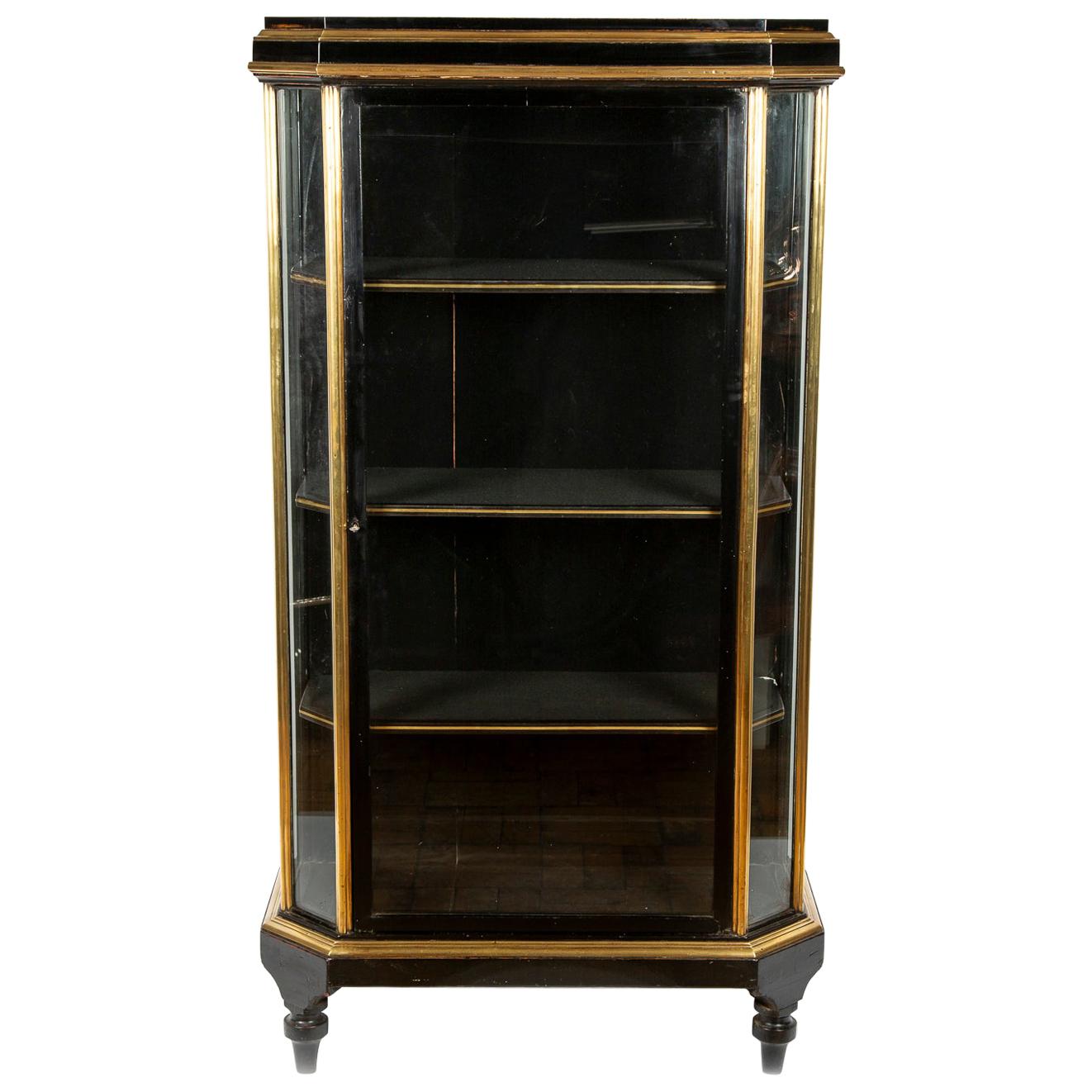 French Black Lacquer and Brass Glazed Display Cabinet