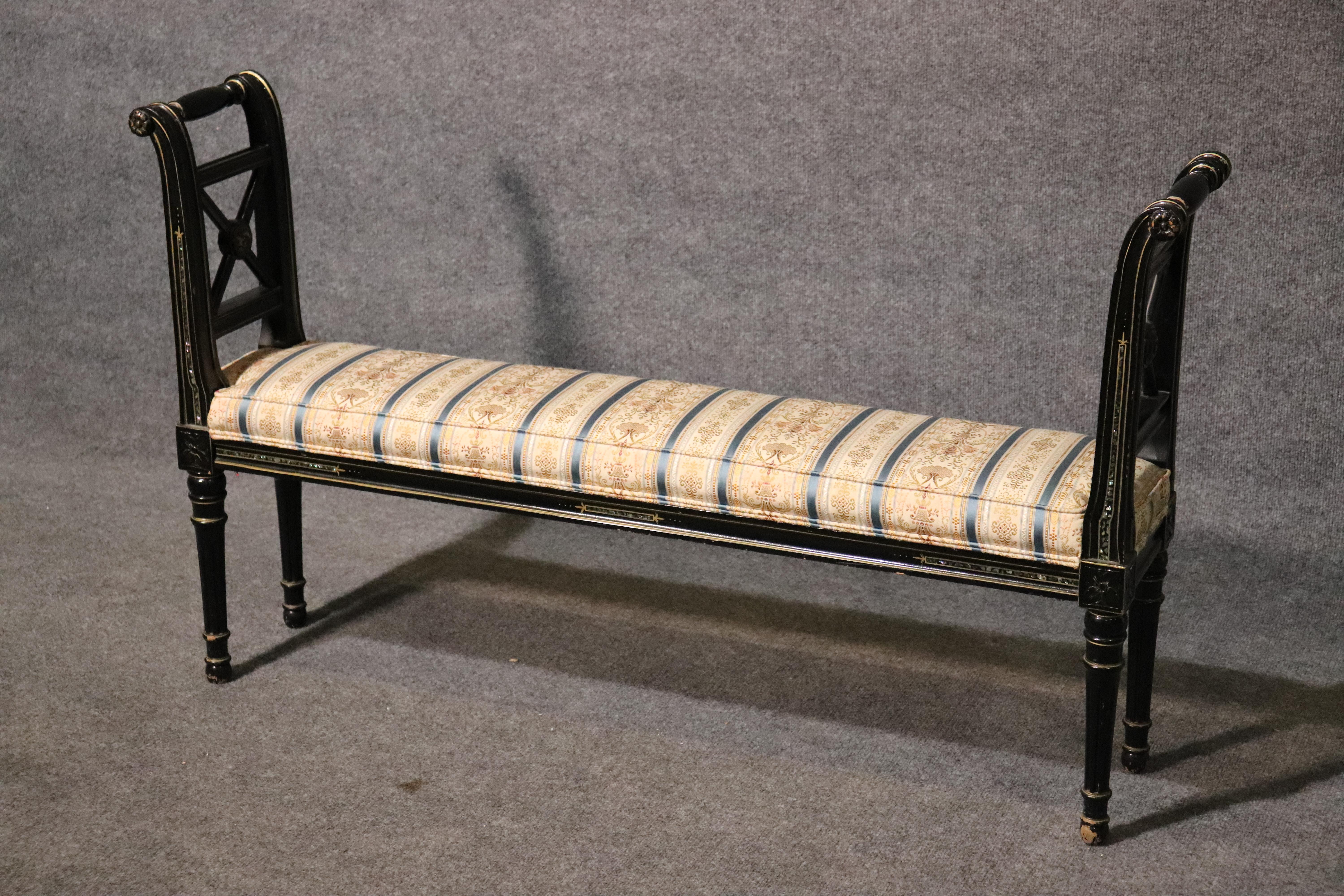 This is a very unique window bench. The size is quite rare at 47 wide x 9 inches deep x 28 tall. The seat height is 16 inches. The bench features a black lacquer finish with abalone inlay on its sides which I have never seen before. Its a small