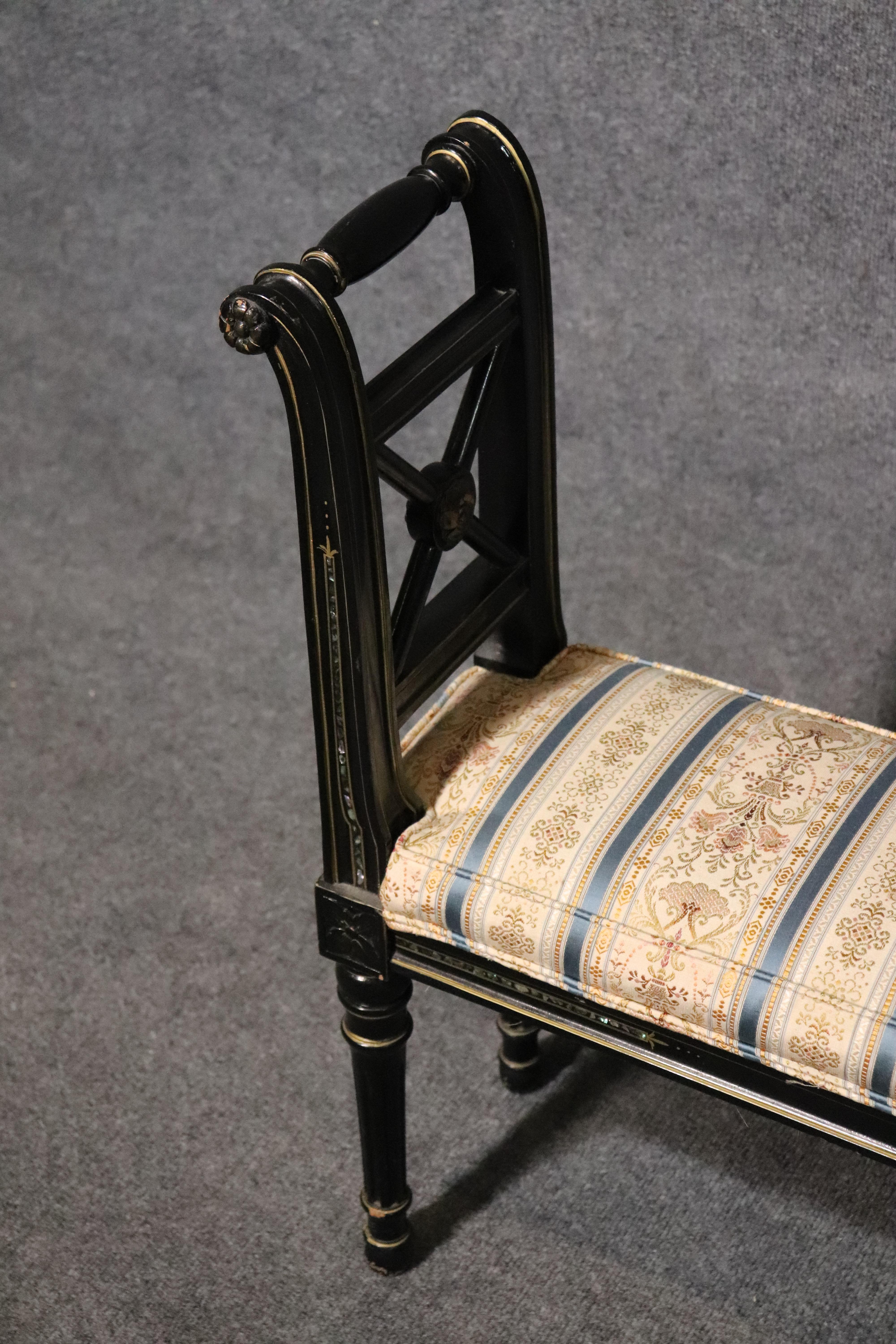 Mid-20th Century French Black Lacquer Ebonized Louis XVI Window Bench with Abalone Shell Inlay