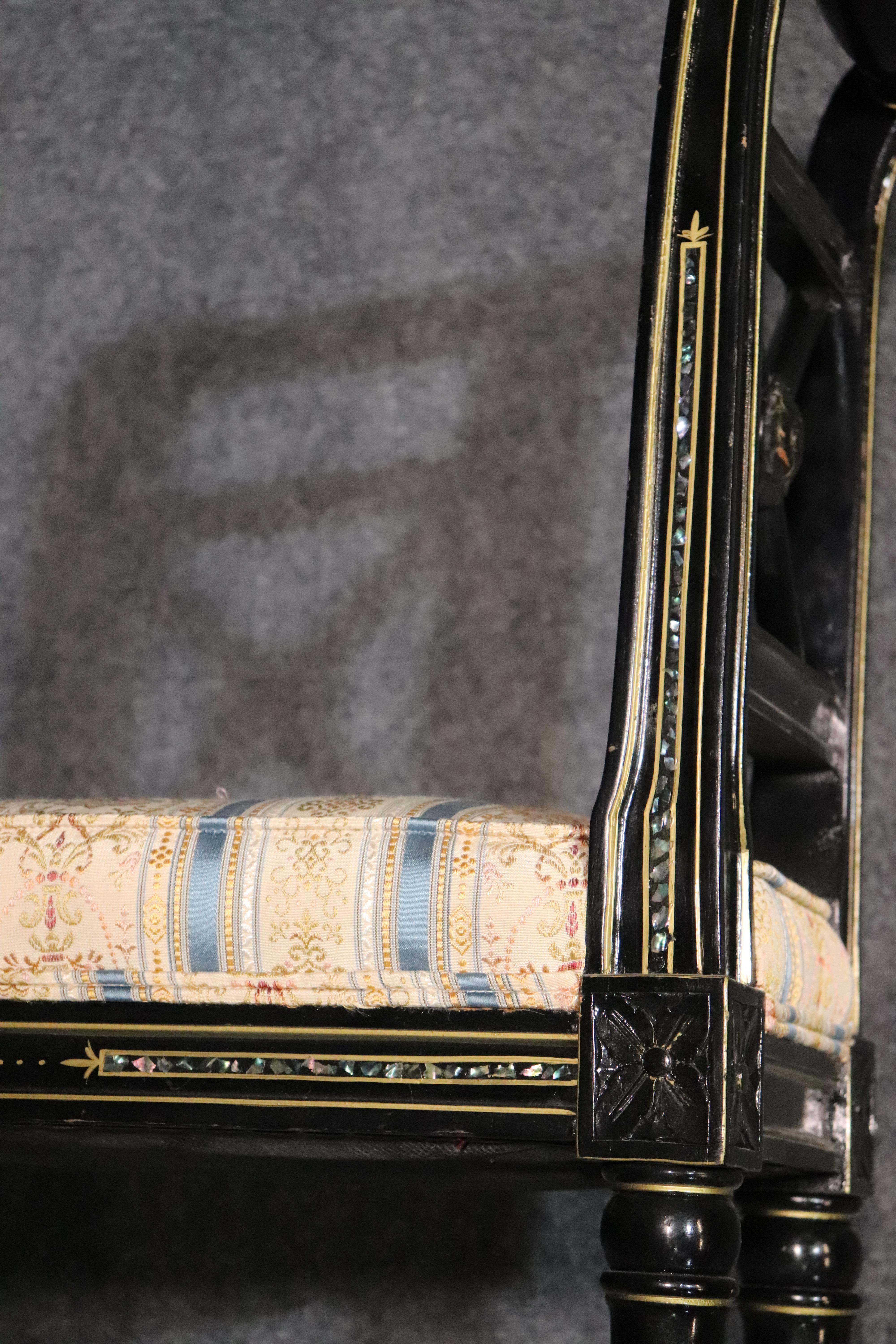 Beech French Black Lacquer Ebonized Louis XVI Window Bench with Abalone Shell Inlay