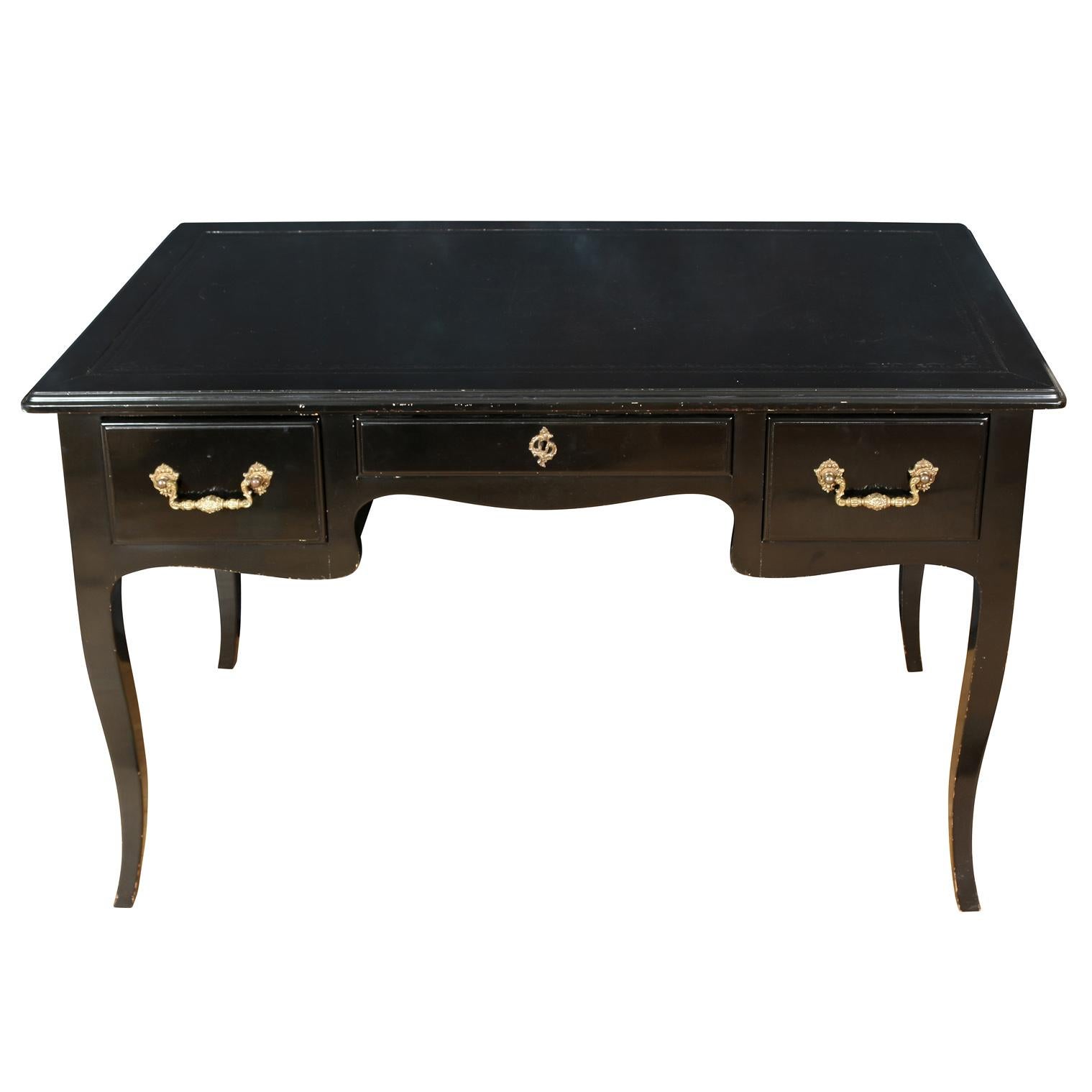 Louis XV French Black Lacquer Writing Desk With Brass Detail Hardware
