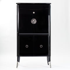 French Black Lacquered Art Deco Secretary by Maurice Jallot, Signed Front Plaque
