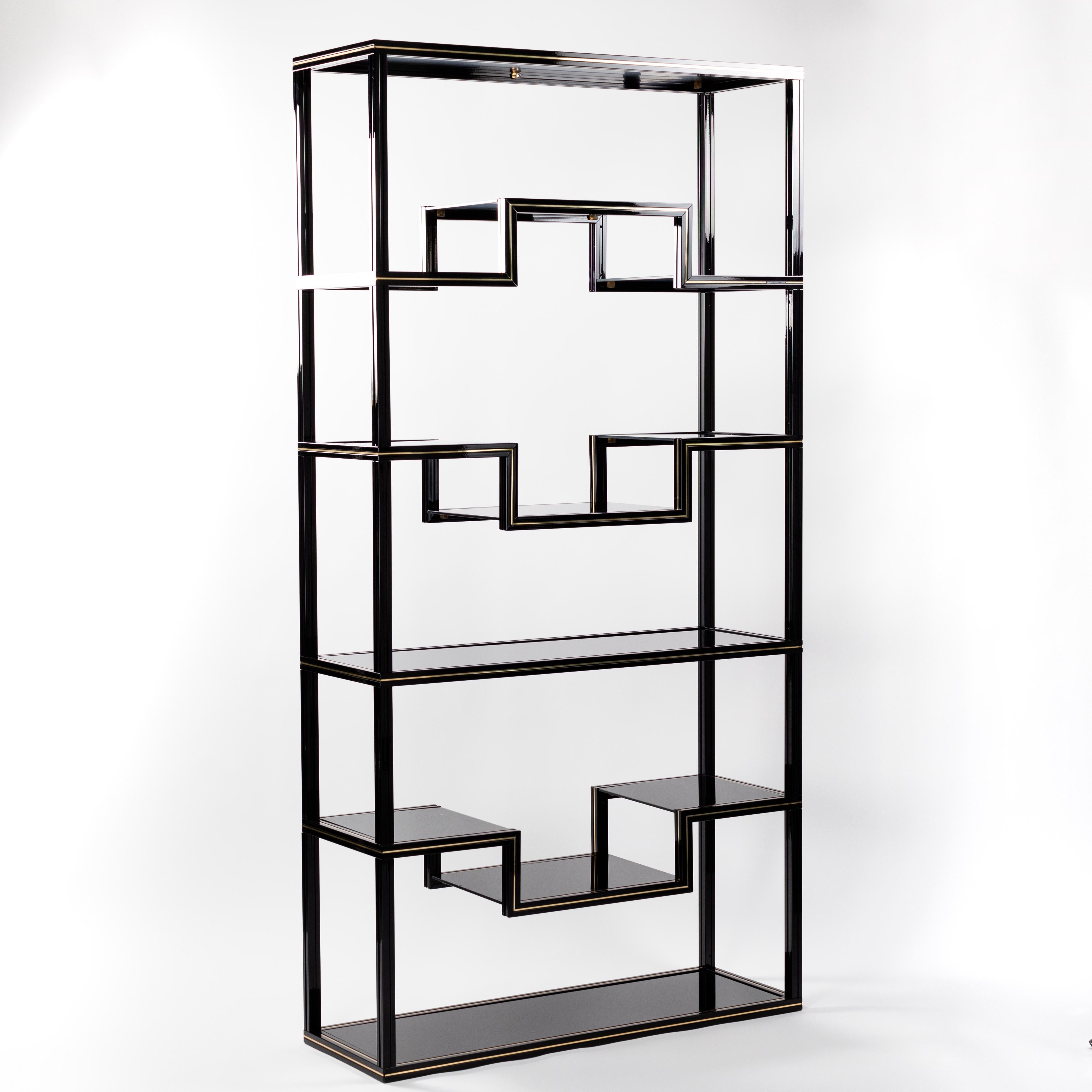 Laminated French Black Lacquered & Brass Étagère with Open Shelfs by Pierre Vandel, 1970s For Sale