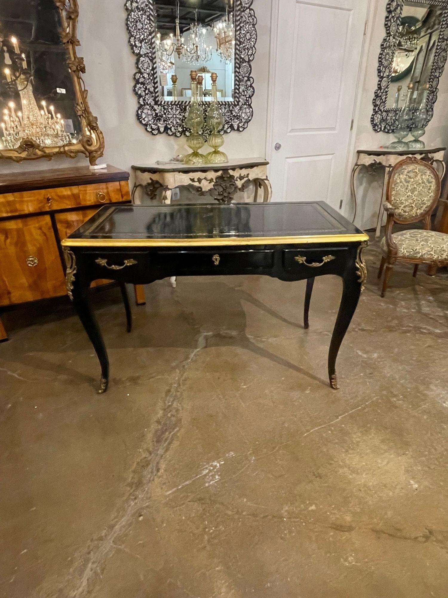 Beautiful vintage French black lacquered Louis XV style writing desk with bronze mounts. A very elegant piece that makes an impressive statement!