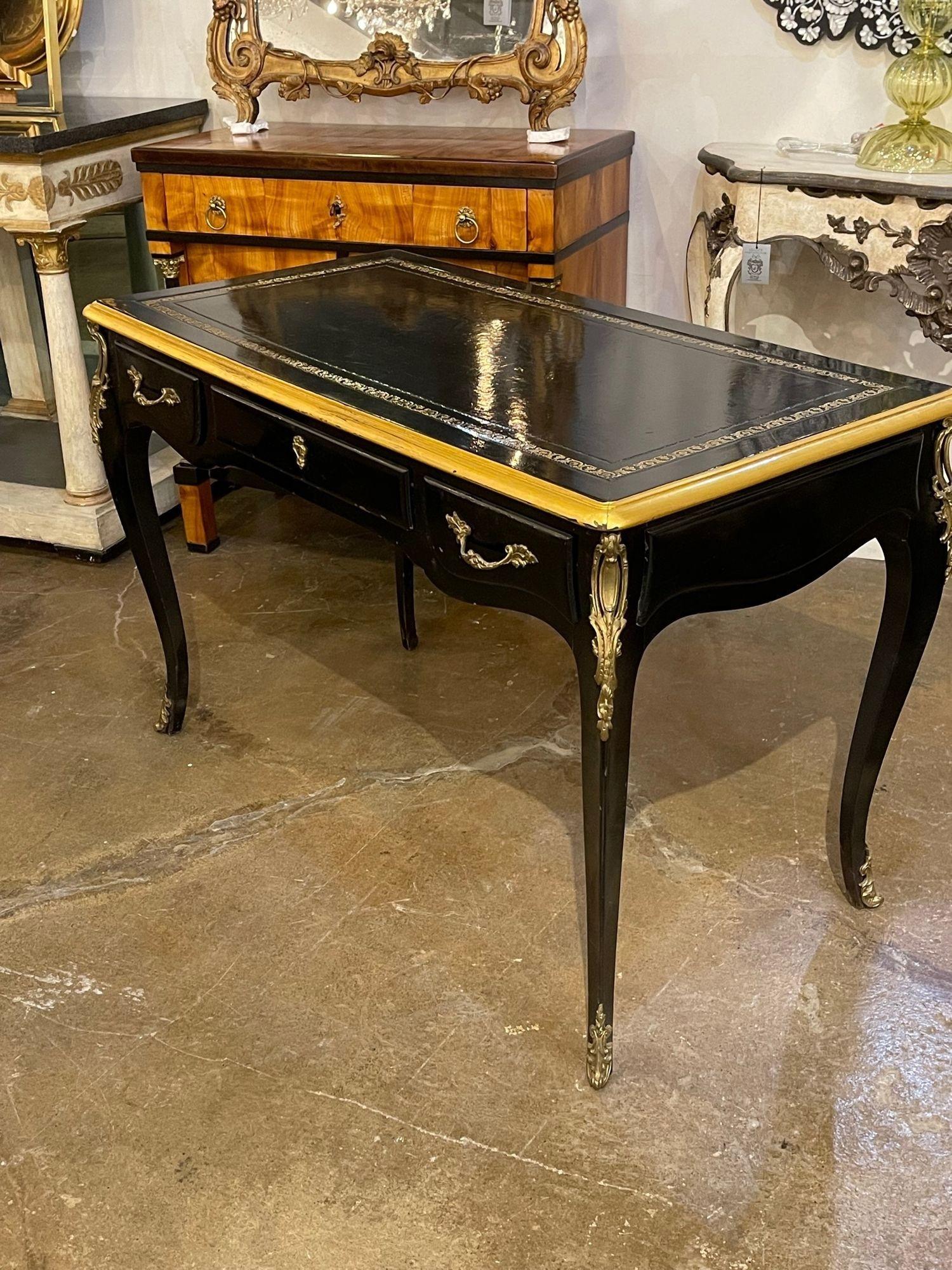 French Black Lacquered Louis XV Style Writing Desk with Bronze Mounts In Good Condition In Dallas, TX
