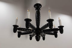 French Black Lacquered Wood Ceiling Lustre Eight Lamps, circa 1940