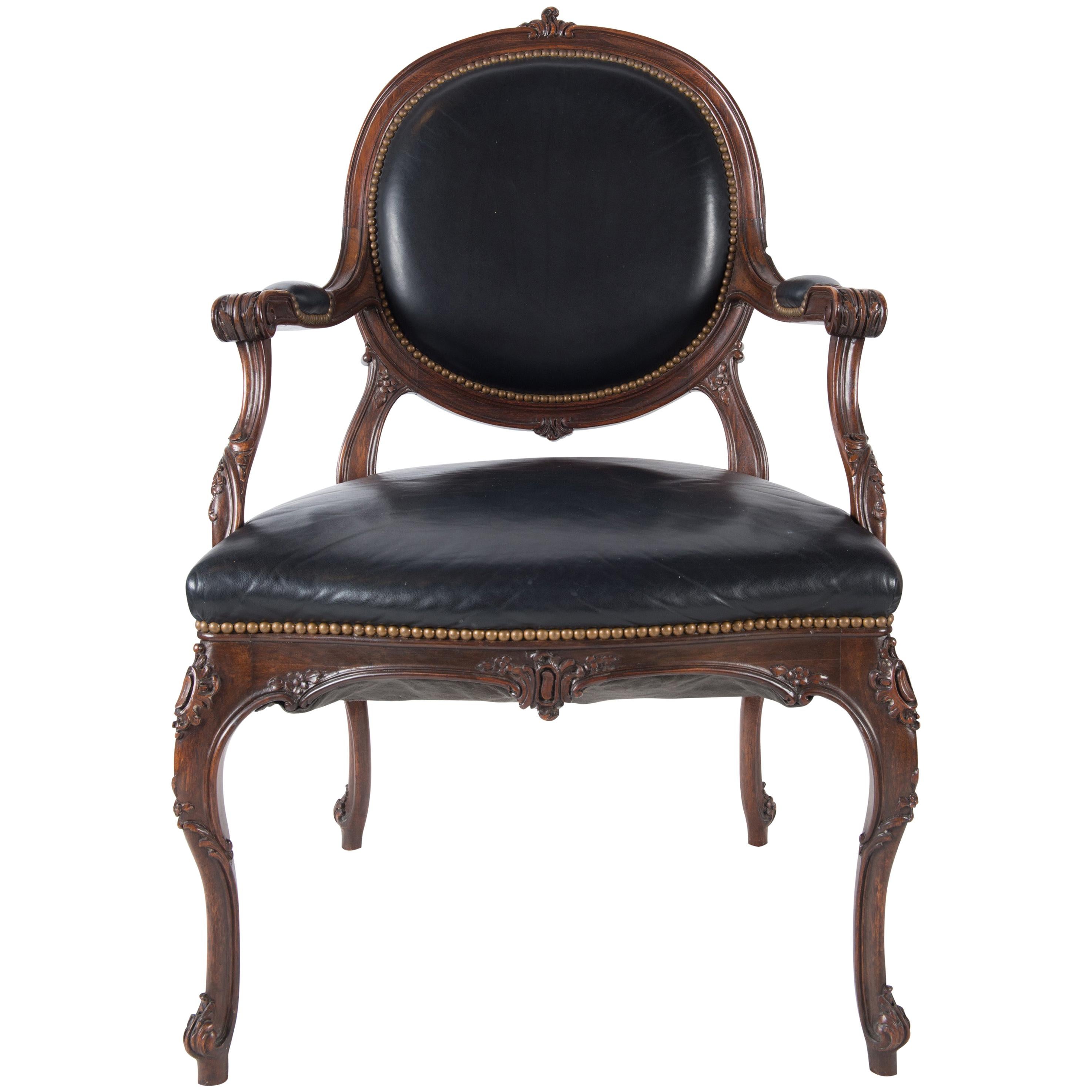 French Black Leather Armchair/ Desk Chair