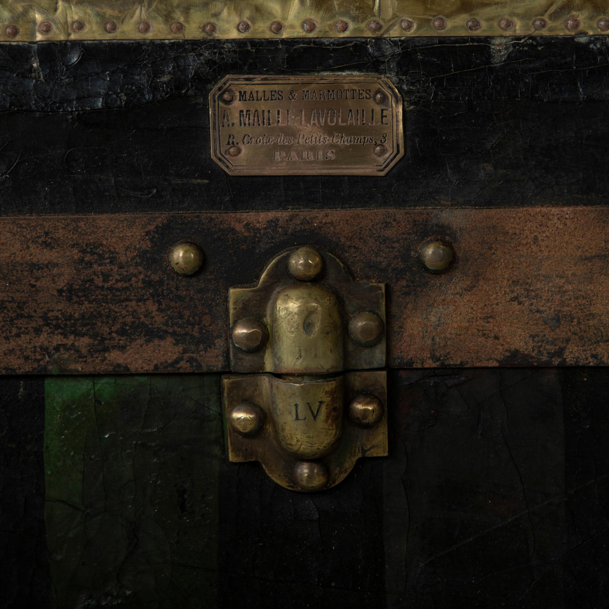 French Black Leather Steamer Trunk with Brass Detailing, c. 1900 9