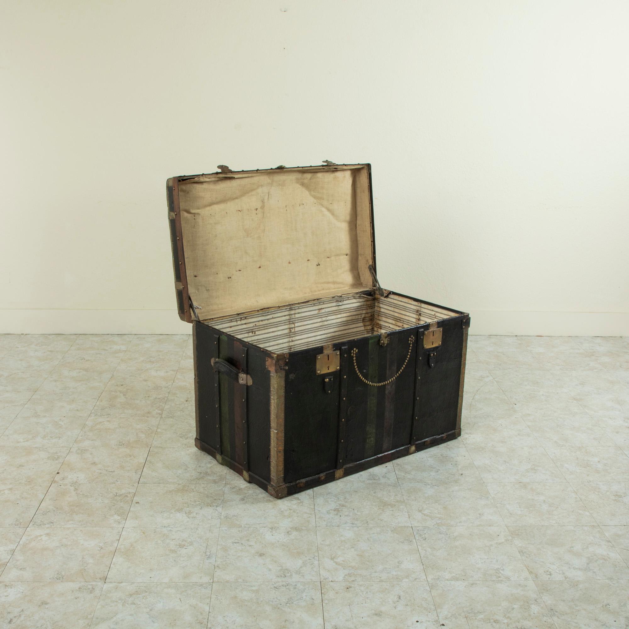 French Black Leather Steamer Trunk with Brass Detailing, c. 1900 3