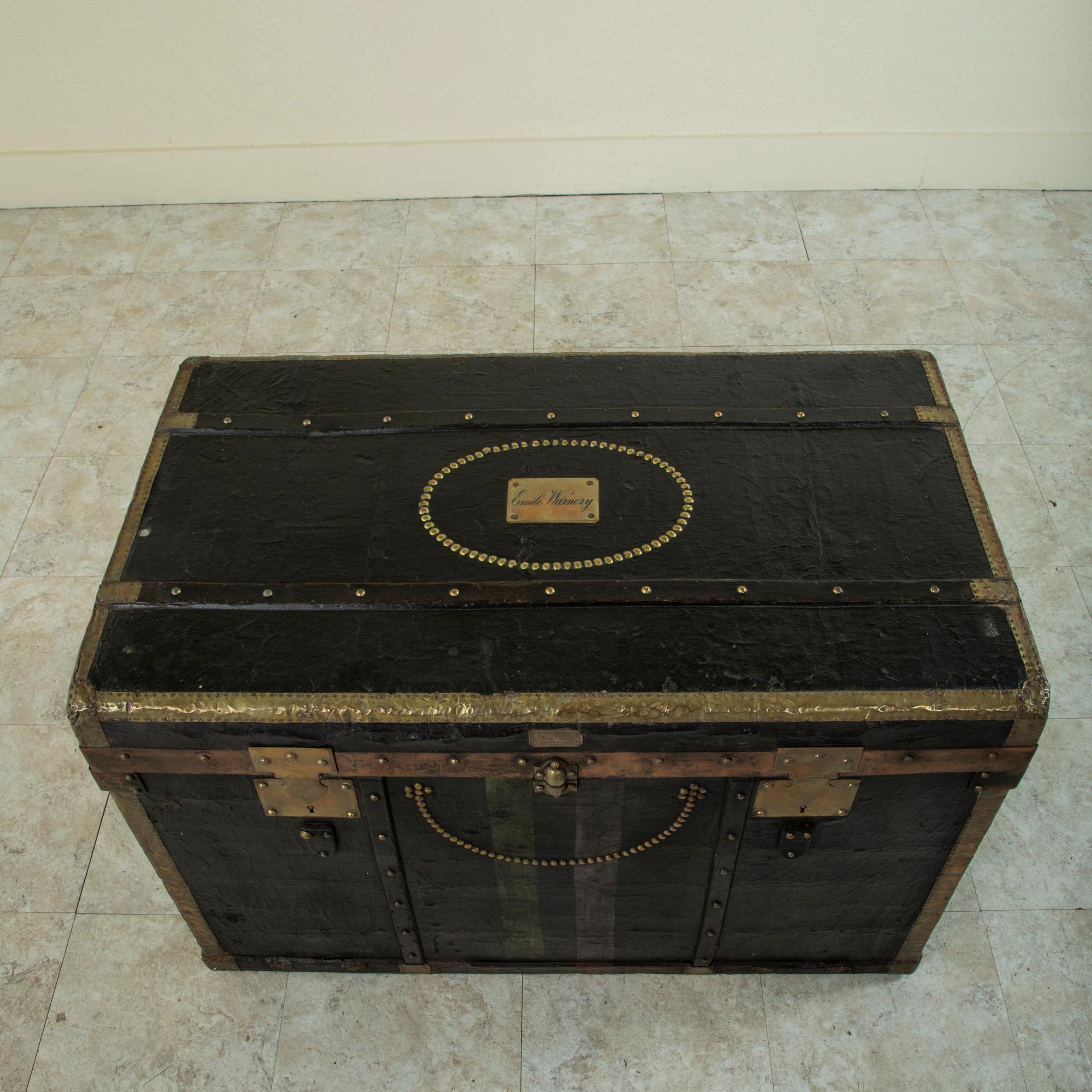 French Black Leather Steamer Trunk with Brass Detailing, c. 1900 4