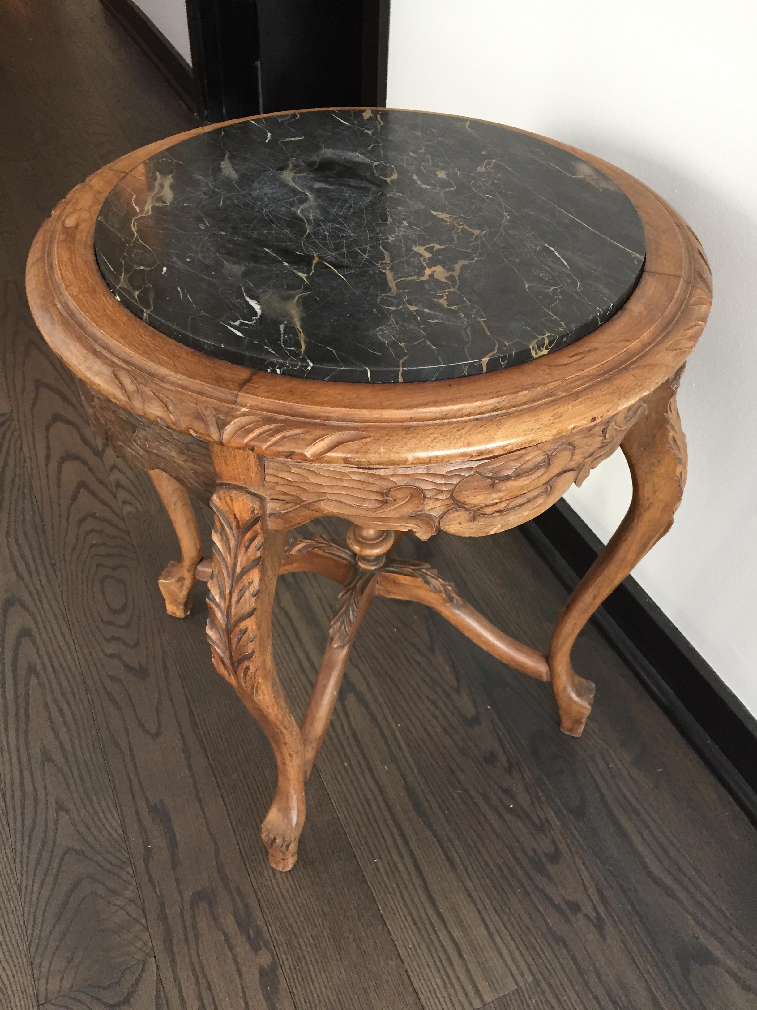 20th Century Vintage French Black Marble Side Table Carved Legs For Sale