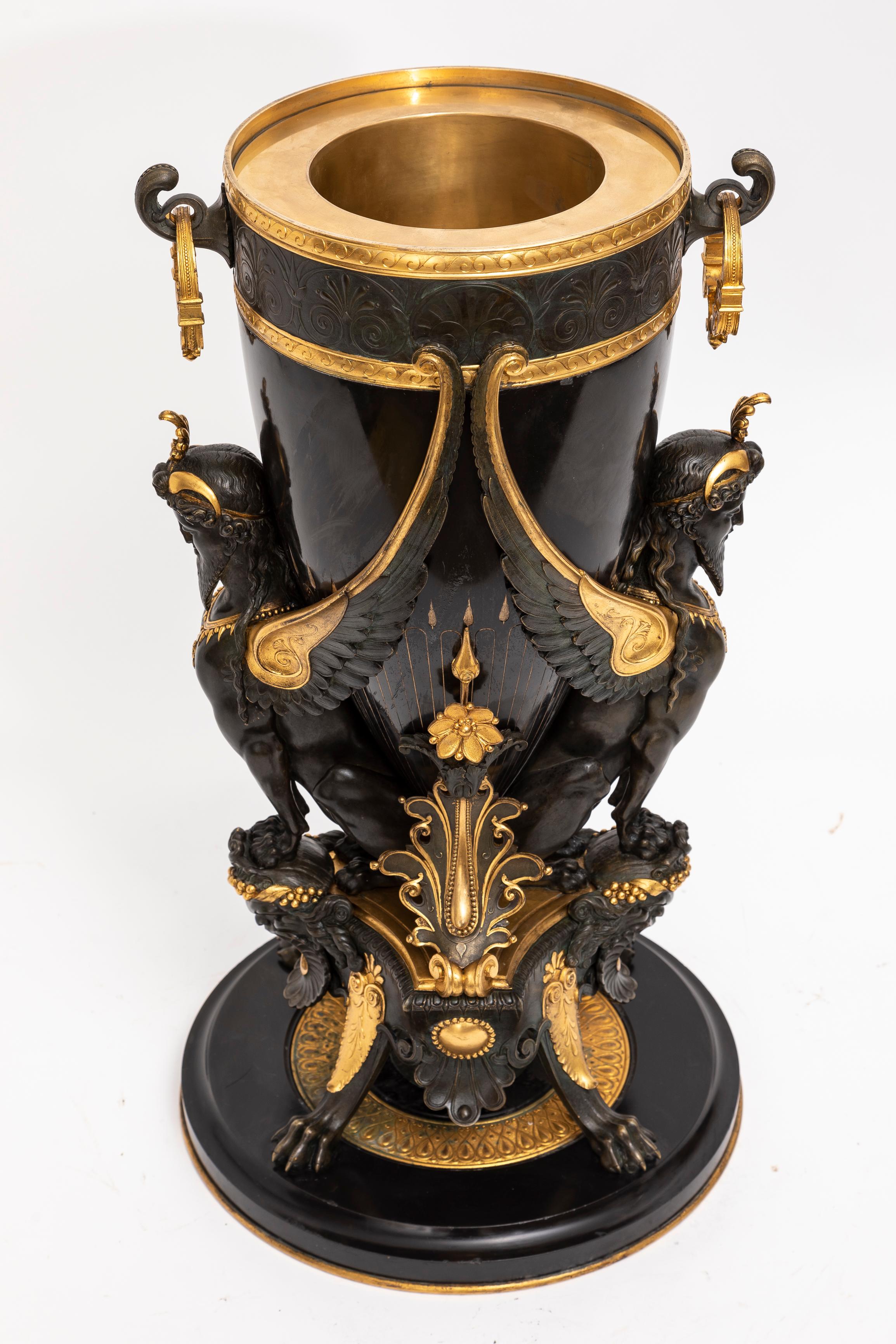 Greek Revival French Black Marble Patinated & Gilt-Bronze Vase Attributed: Charpentier & Cie For Sale