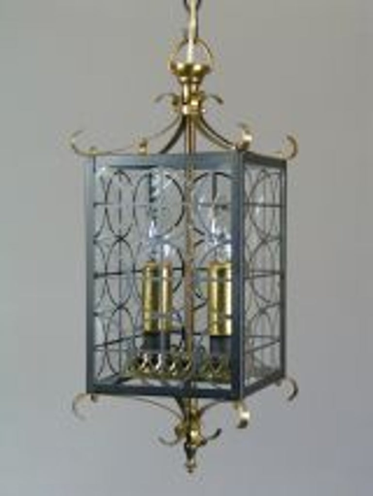 Mid Century French Black Metal and Polished Brass  Lantern In Excellent Condition For Sale In Douglas Manor, NY
