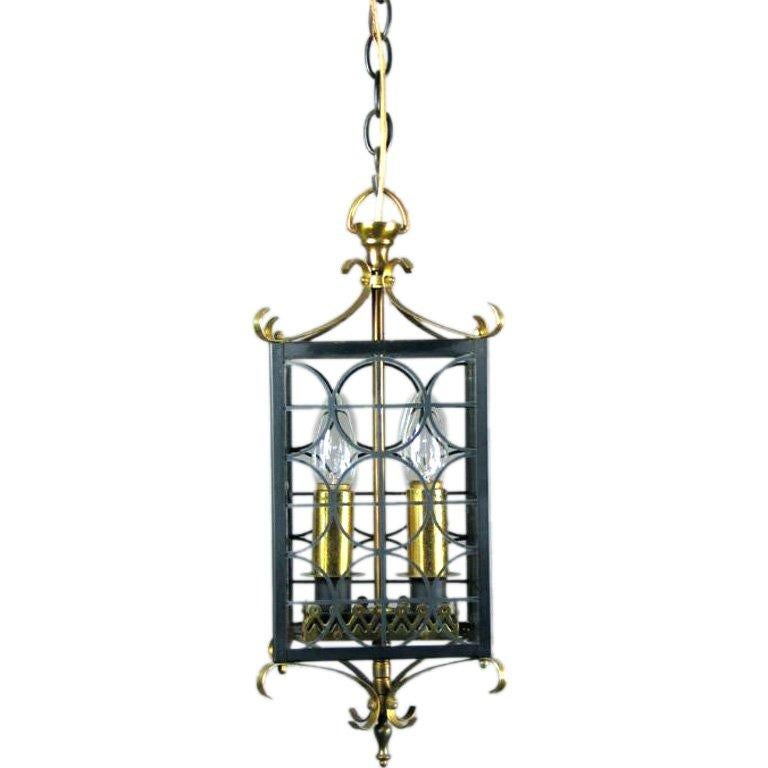 Mid Century French Black Metal and Polished Brass  Lantern In Excellent Condition For Sale In Douglas Manor, NY