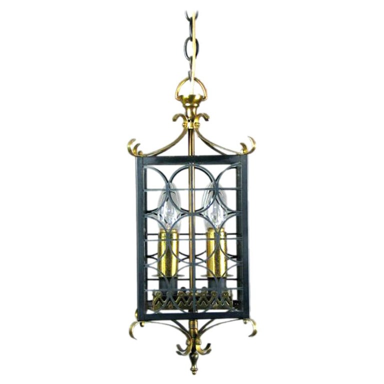 Mid Century French Black Metal and Polished Brass  Lantern For Sale