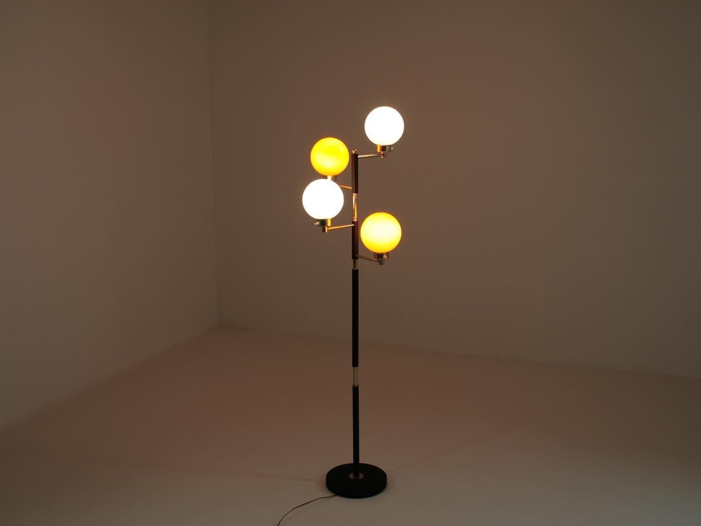 French Black Metal, Brass & Opaline Floor Lamp from Arlus, 1950s In Good Condition For Sale In GRENOBLE, FR