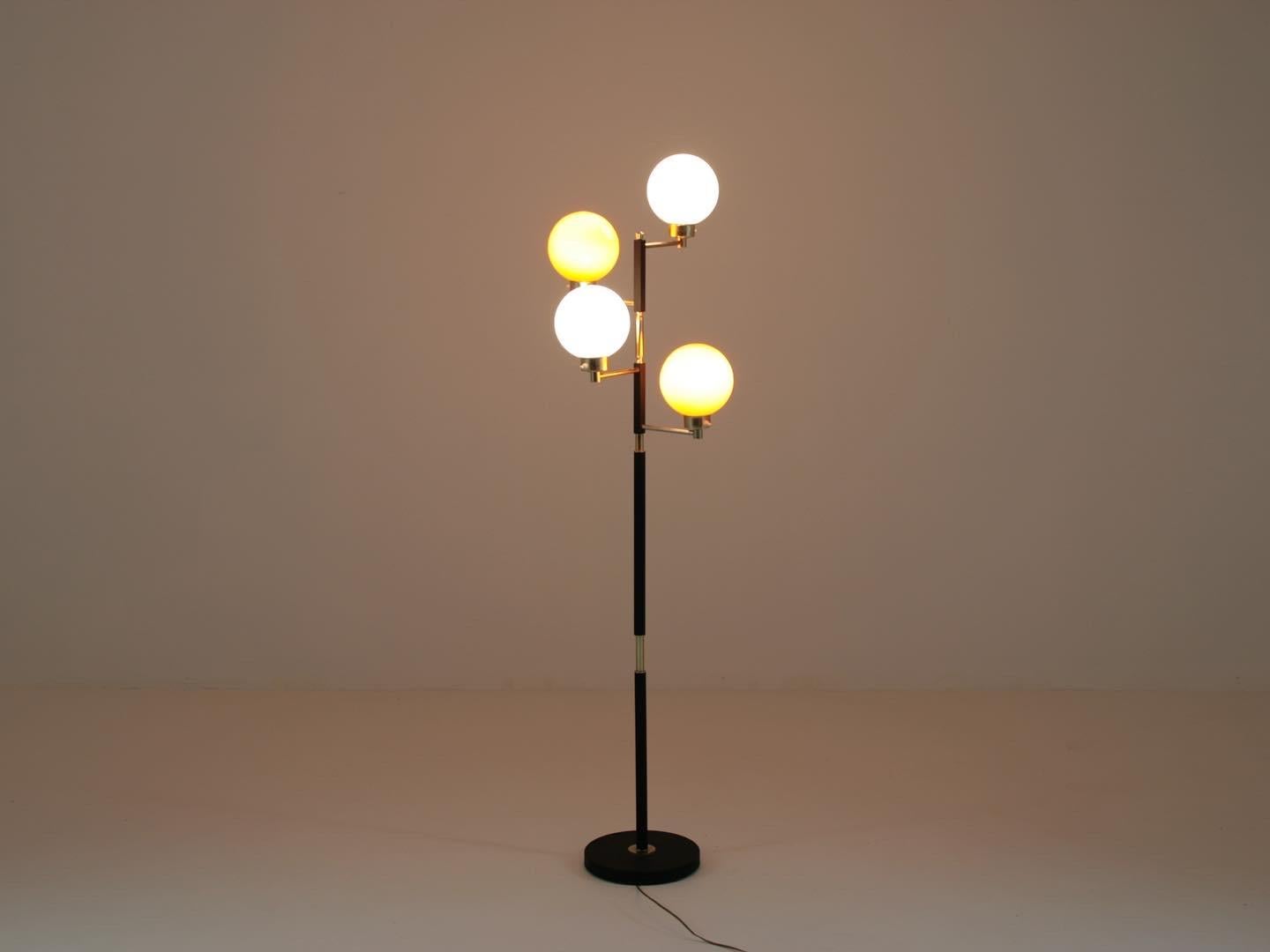 20th Century French Black Metal, Brass & Opaline Floor Lamp from Arlus, 1950s For Sale