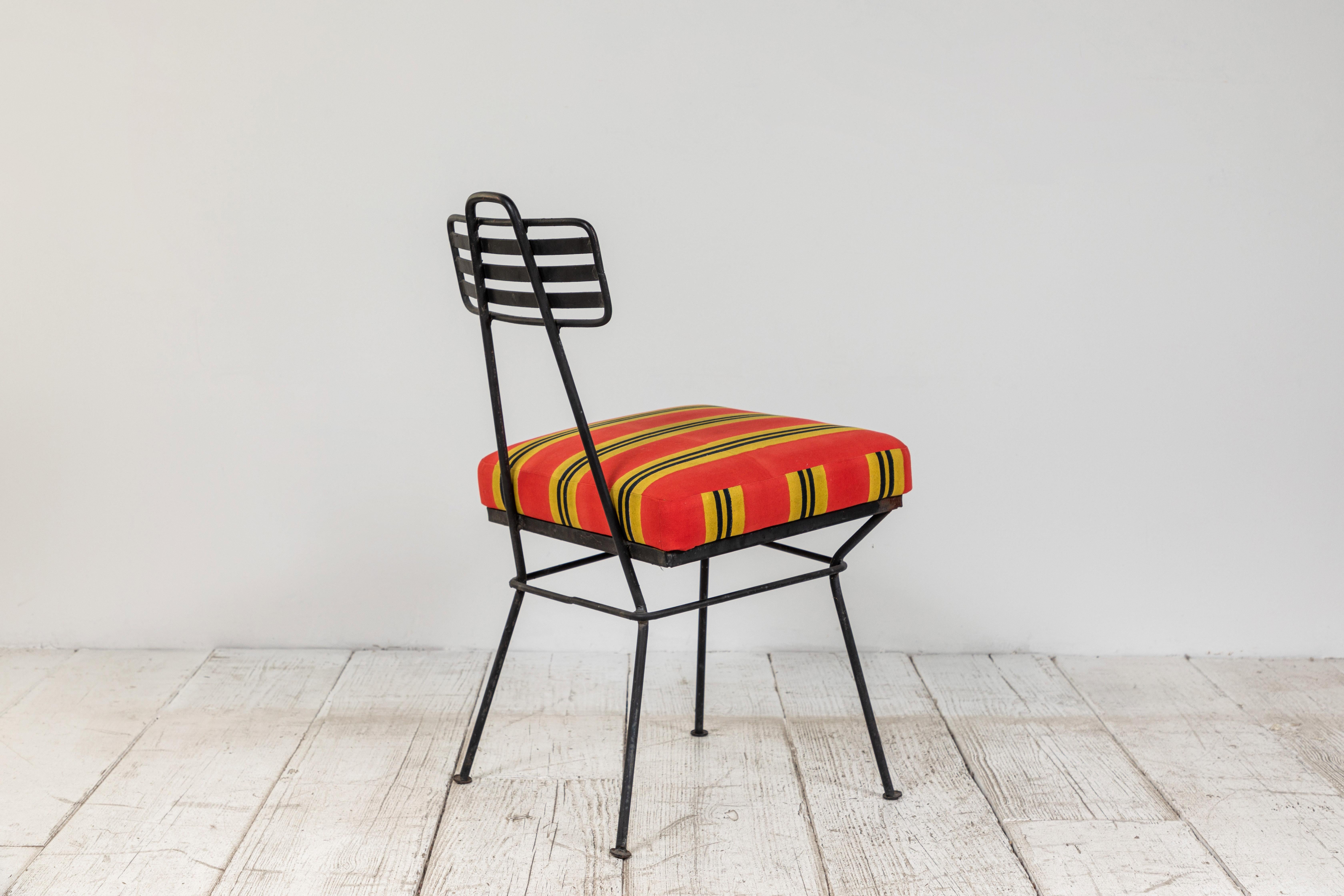 Late 20th Century French Black Metal Chair with Striped Fabric