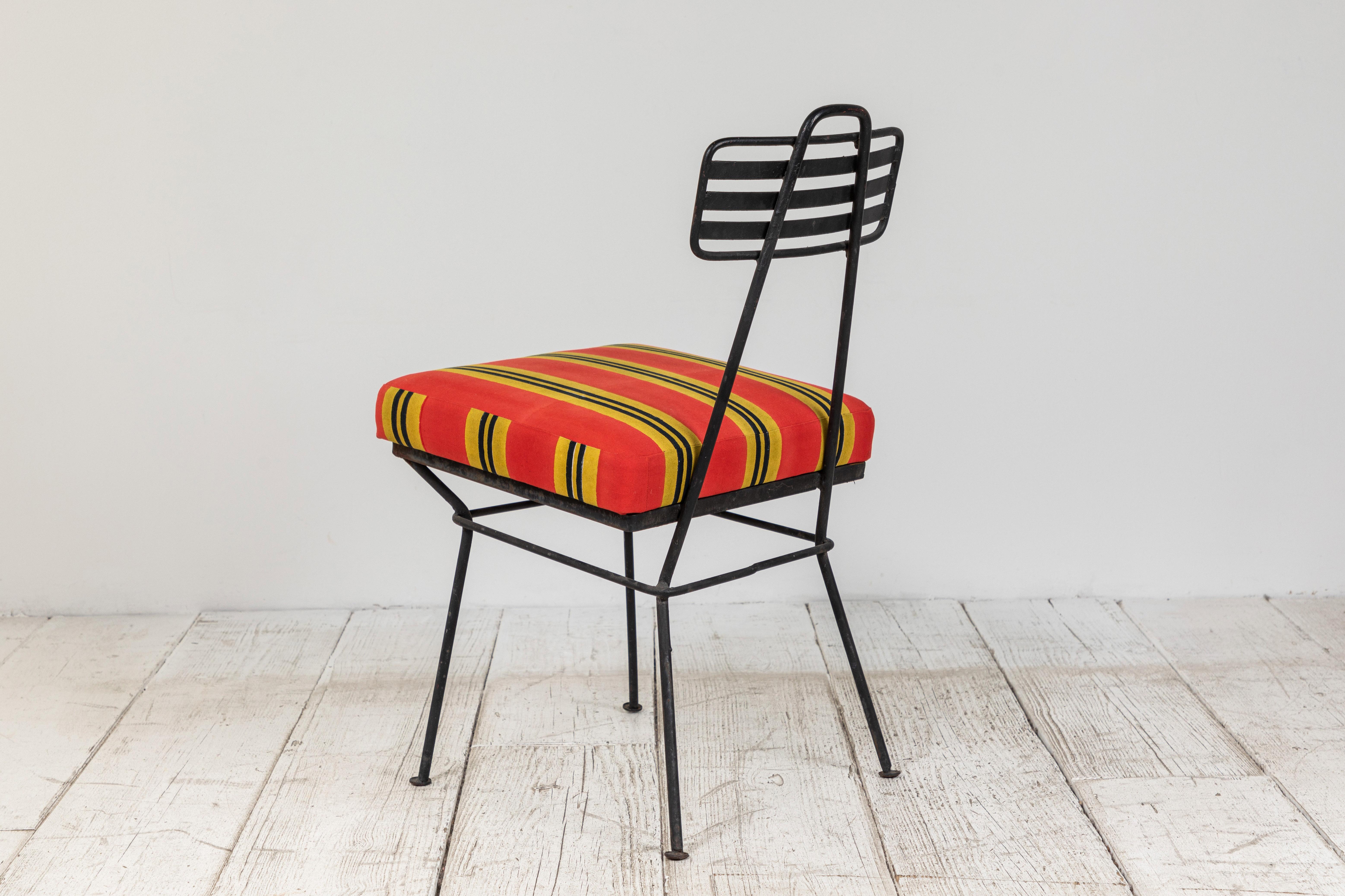 French Black Metal Chair with Striped Fabric 1