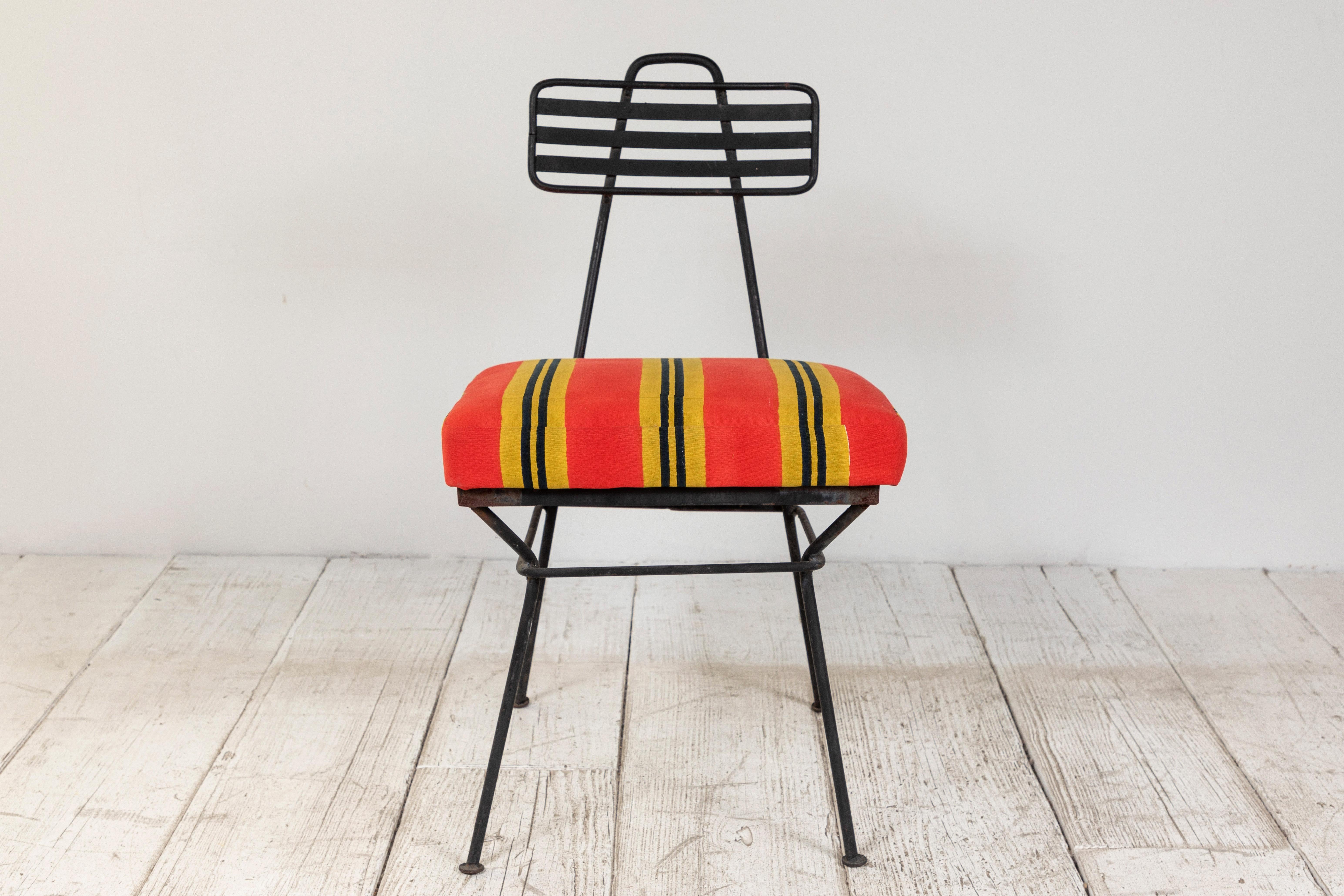 French Black Metal Chair with Striped Fabric 2