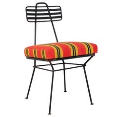 French Black Metal Chair with Striped Fabric