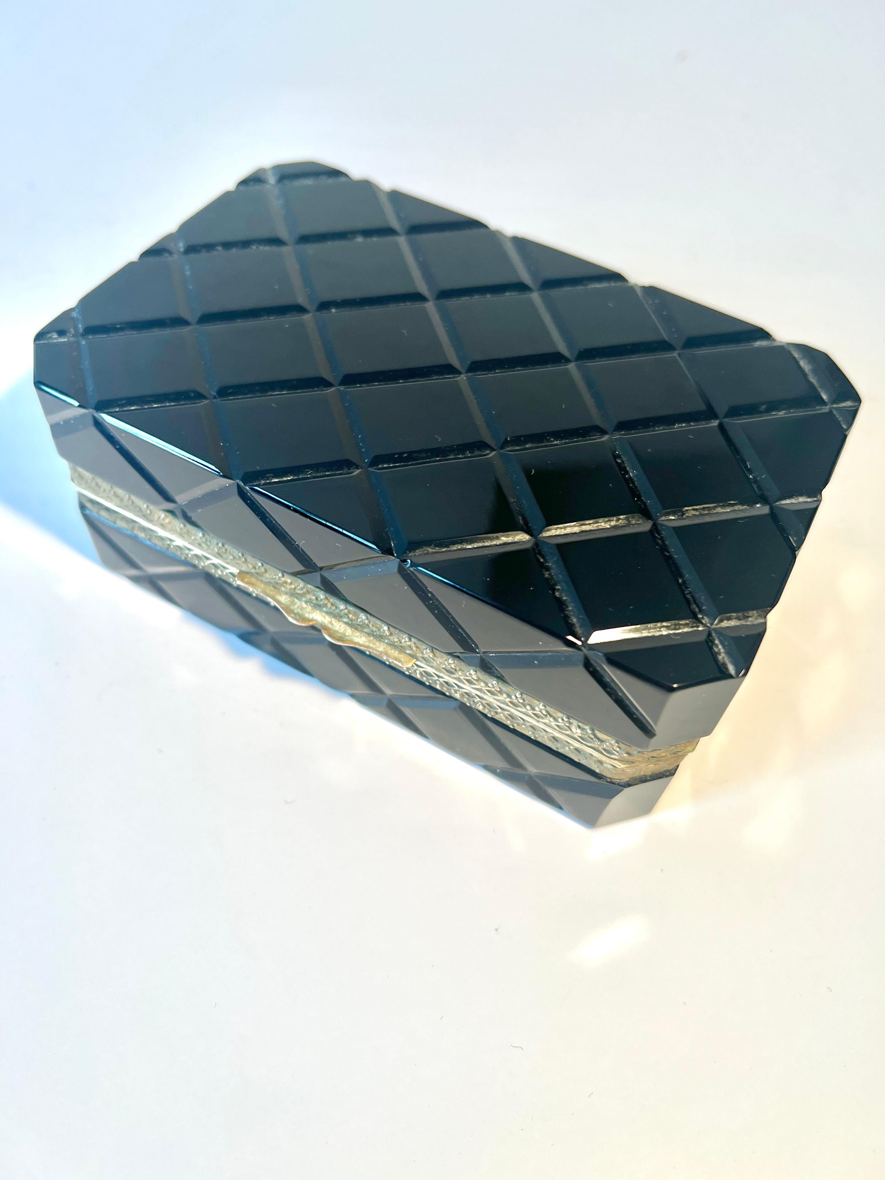 Art Deco French Black Opaline Quilted Pattern Box with Brass Closure For Sale