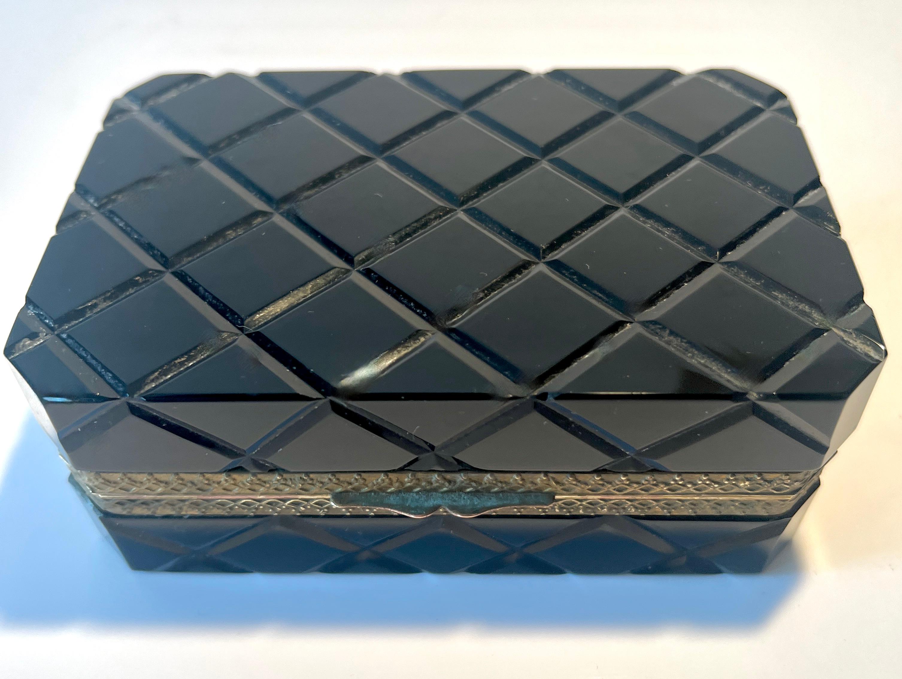 Hand-Crafted French Black Opaline Quilted Pattern Box with Brass Closure For Sale