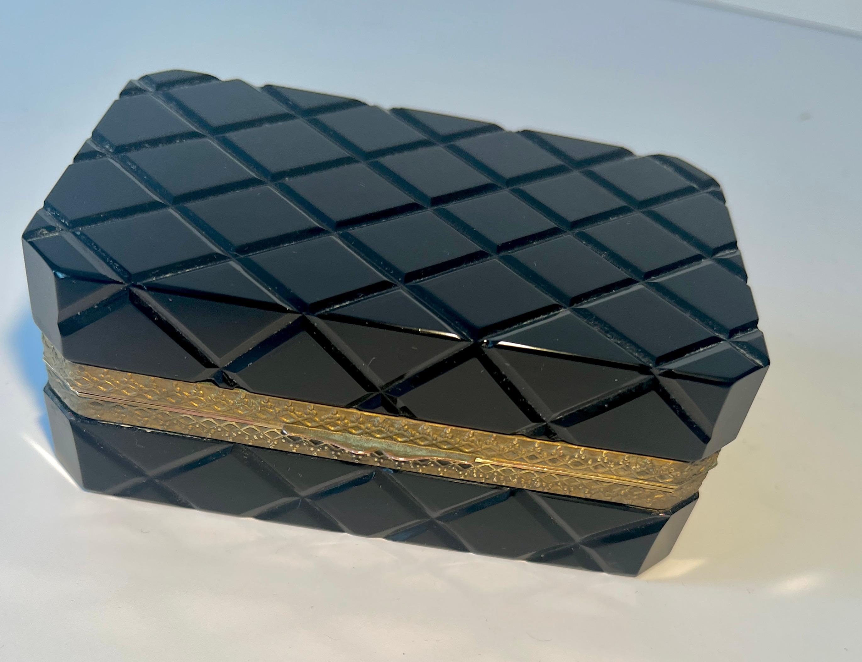 20th Century French Black Opaline Quilted Pattern Box with Brass Closure For Sale