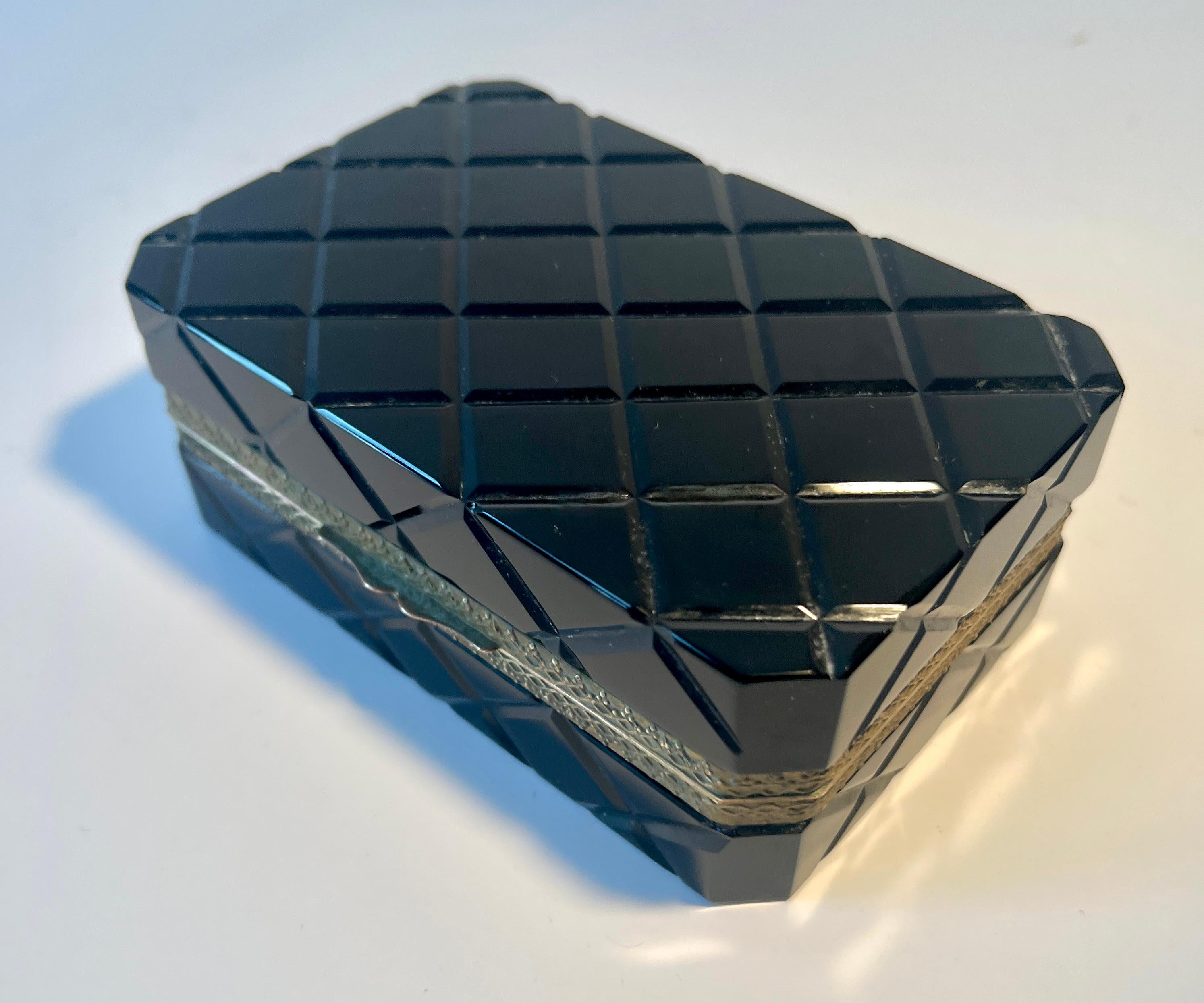 French Black Opaline Quilted Pattern Box with Brass Closure For Sale 1
