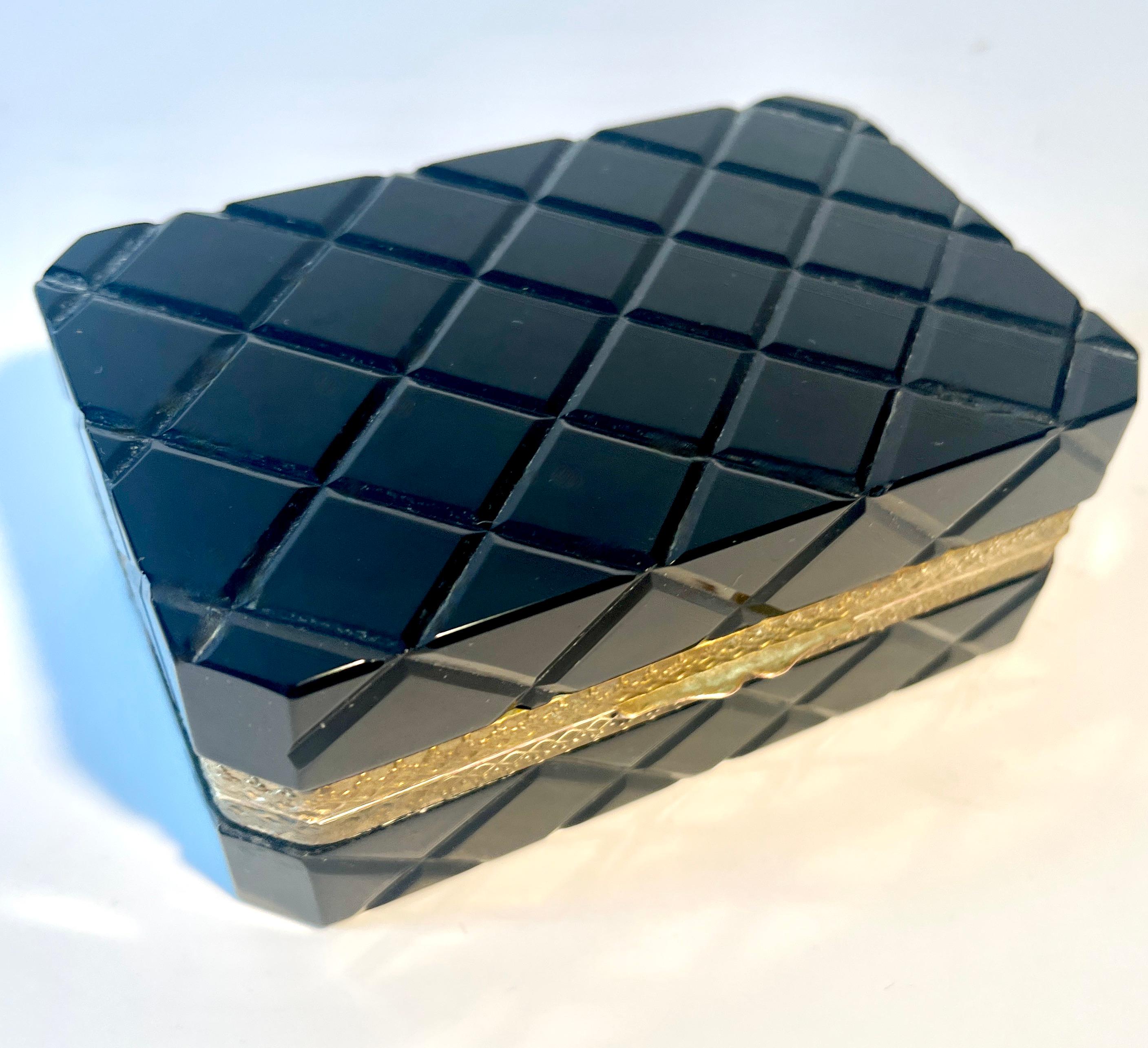 French Black Opaline Quilted Pattern Box with Brass Closure For Sale 2