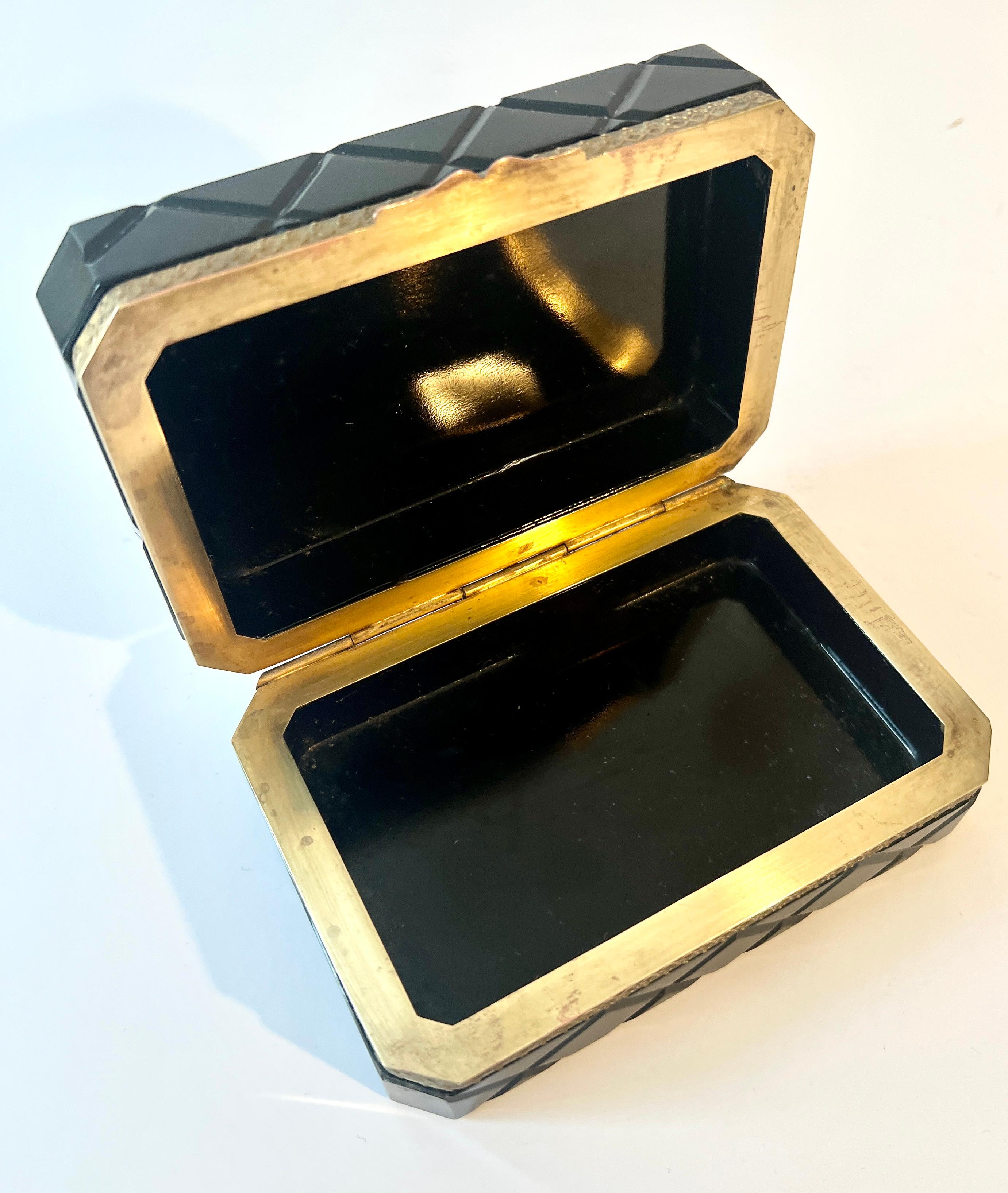 French Black Opaline Quilted Pattern Box with Brass Closure For Sale 3