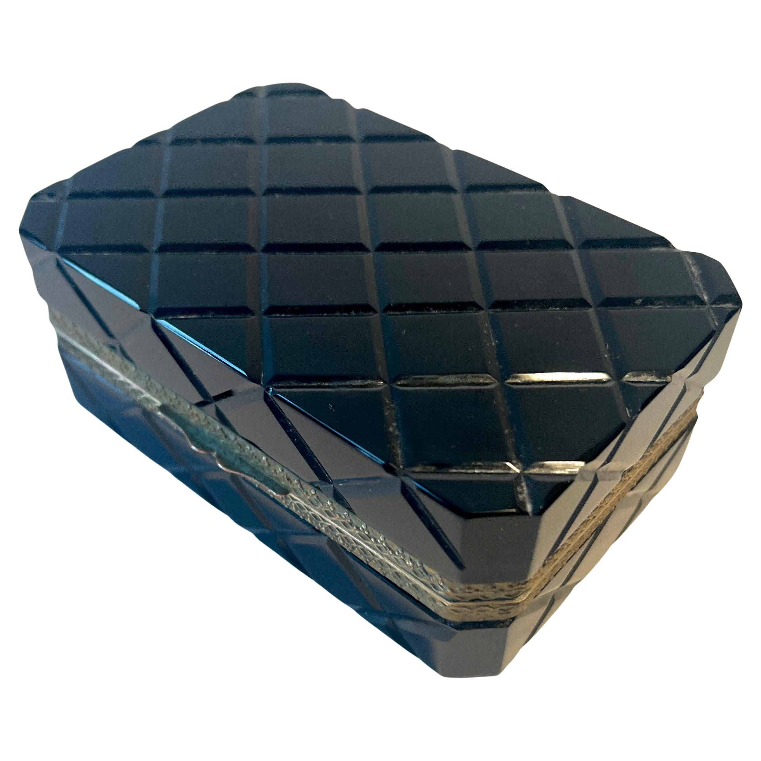 French Black Opaline Quilted Pattern Box with Brass Closure