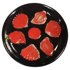 Vintage French Black & Red Majolica Oyster, circa 1950