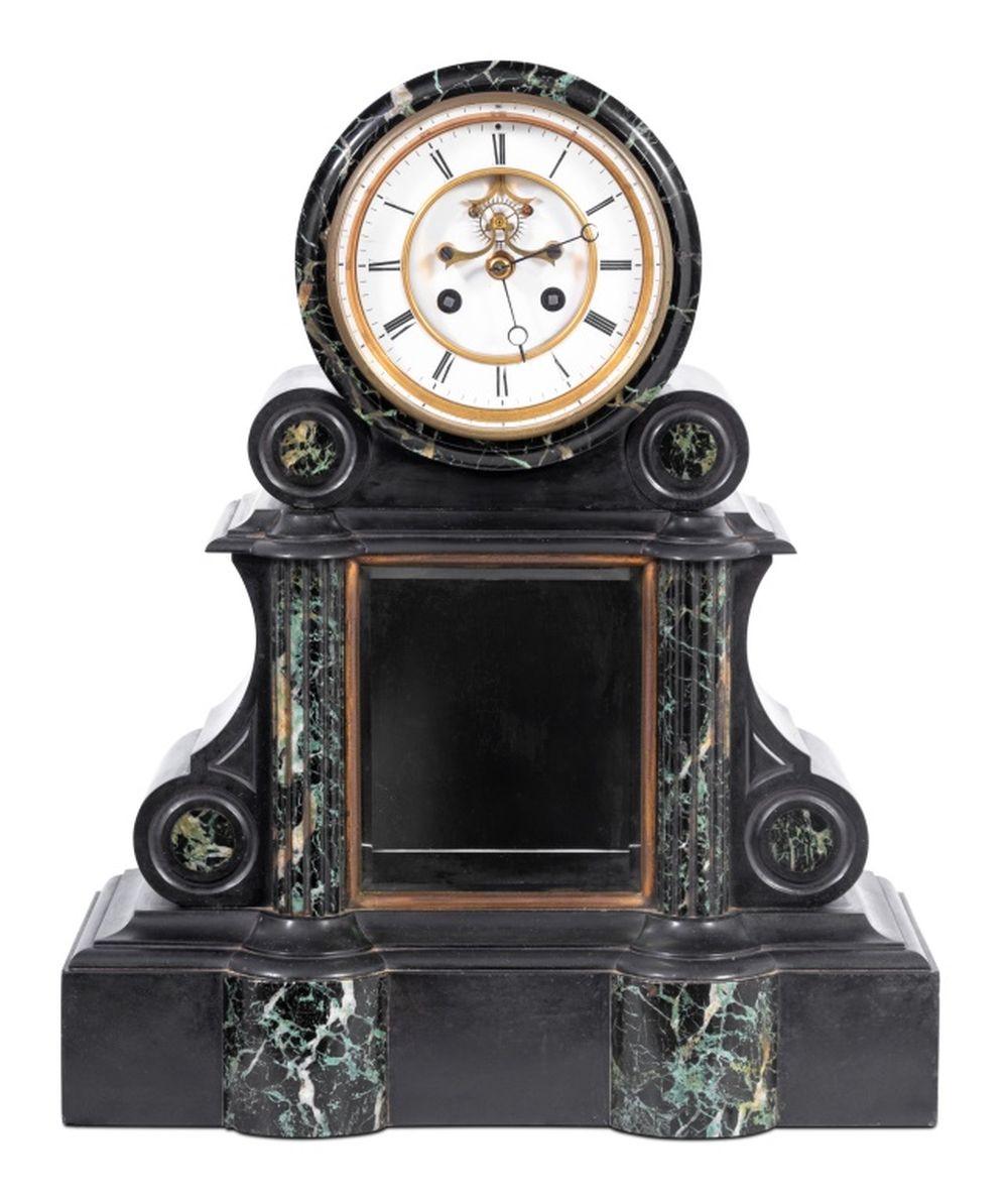 French Black Slate and Green Marble Mantel Clock, circular white enamel dial with open escapement, lacking mercury-compensated pendulum. 18