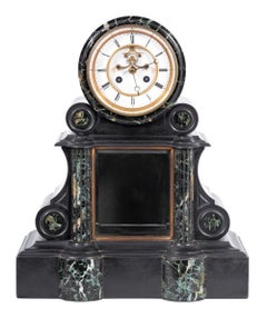 French Black Slate and Green Marble Mantel Clock
