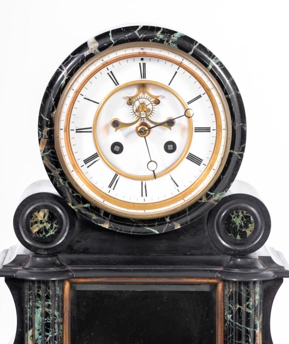 Neoclassical French Black Slate and Green Marble Mantel Clock For Sale