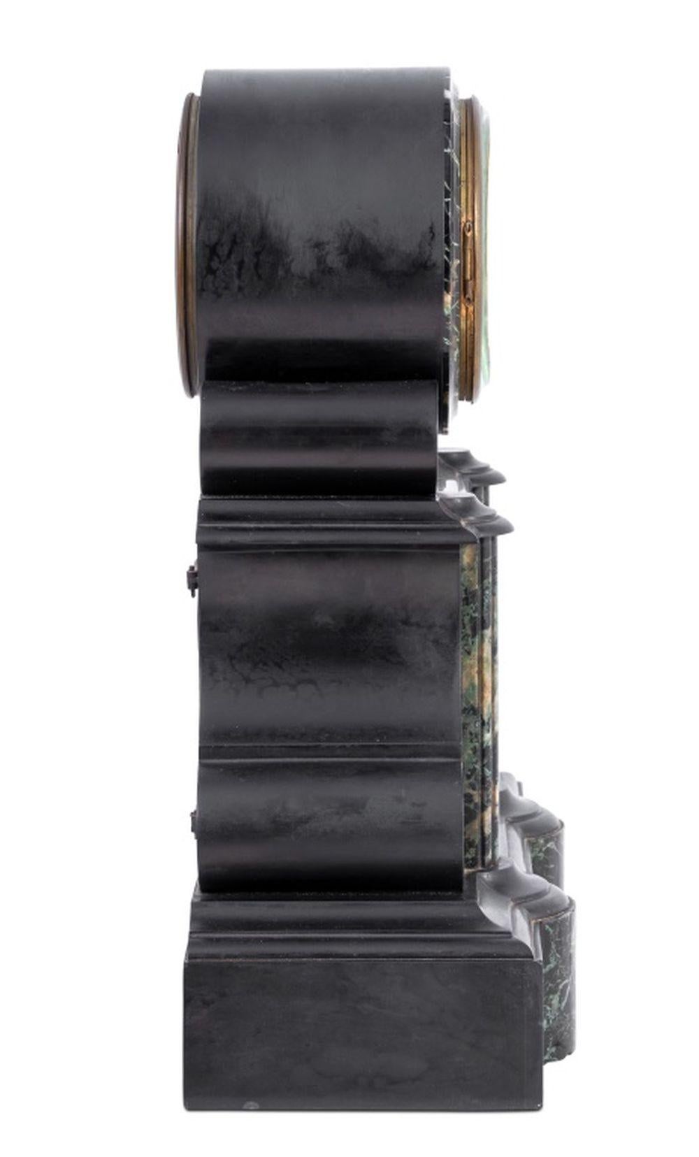French Black Slate and Green Marble Mantel Clock In Good Condition For Sale In Astoria, NY