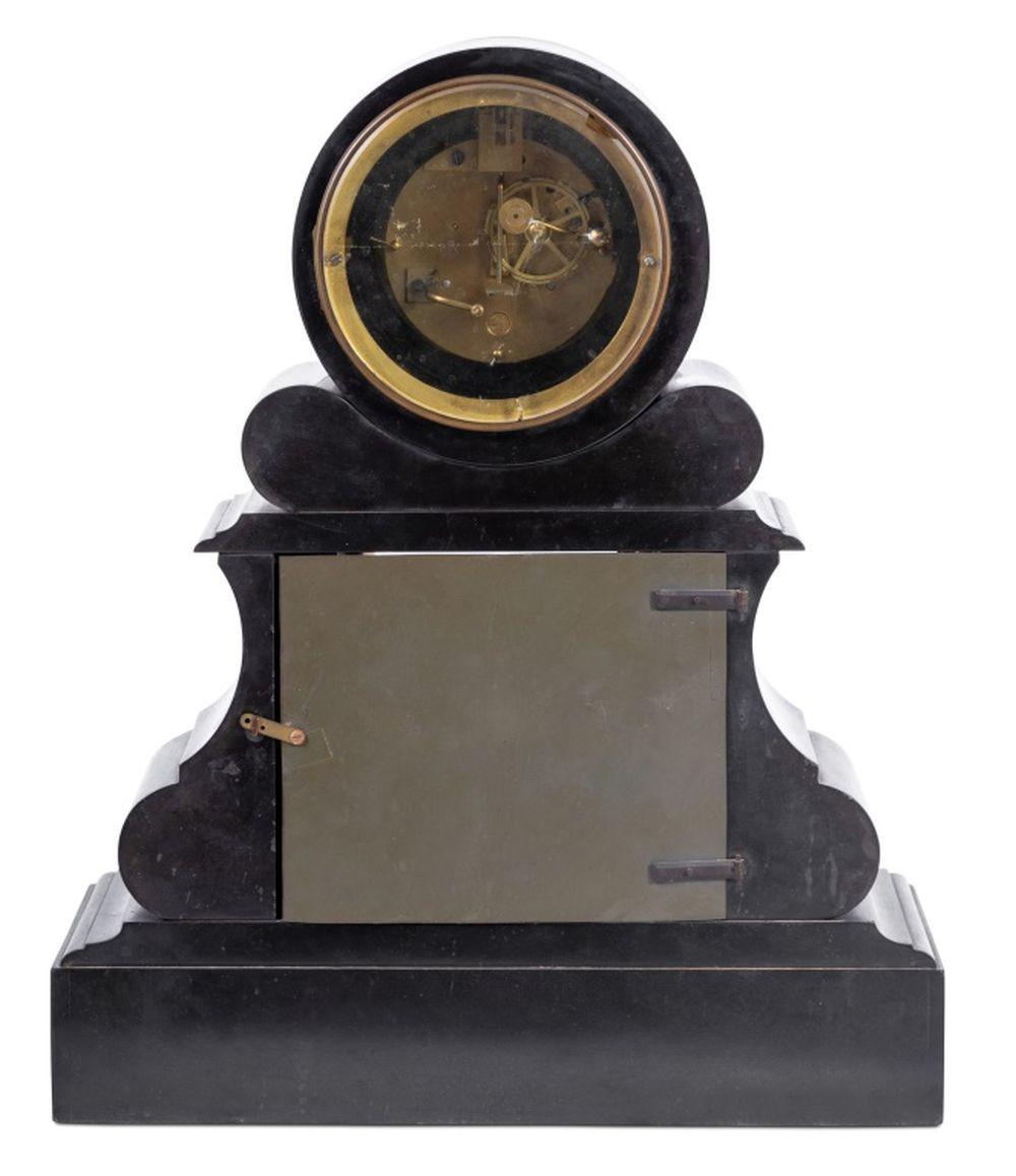 19th Century French Black Slate and Green Marble Mantel Clock For Sale