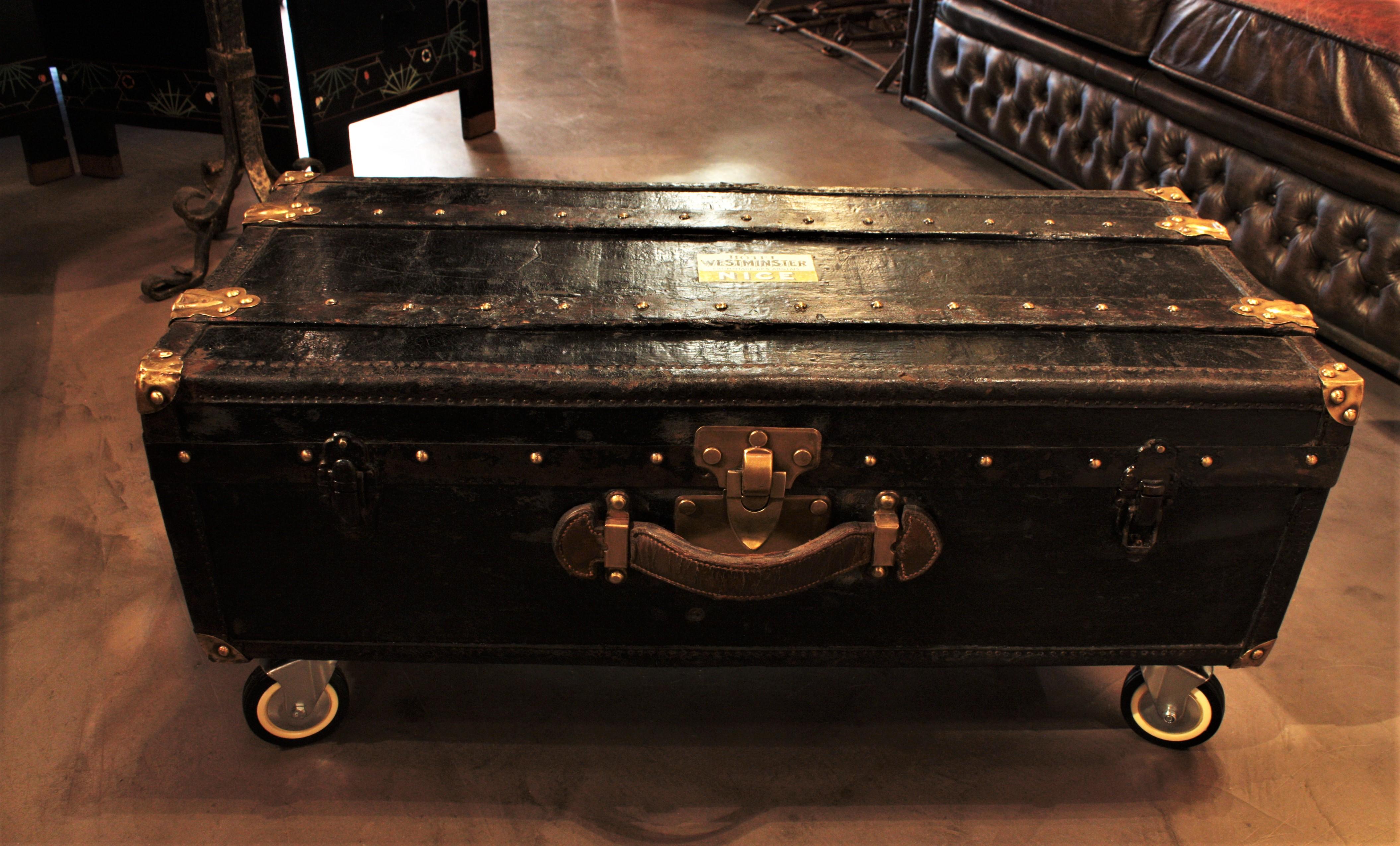 20th Century  French Trunk or Coffee Table in Black Canvas, Leather and Wood For Sale