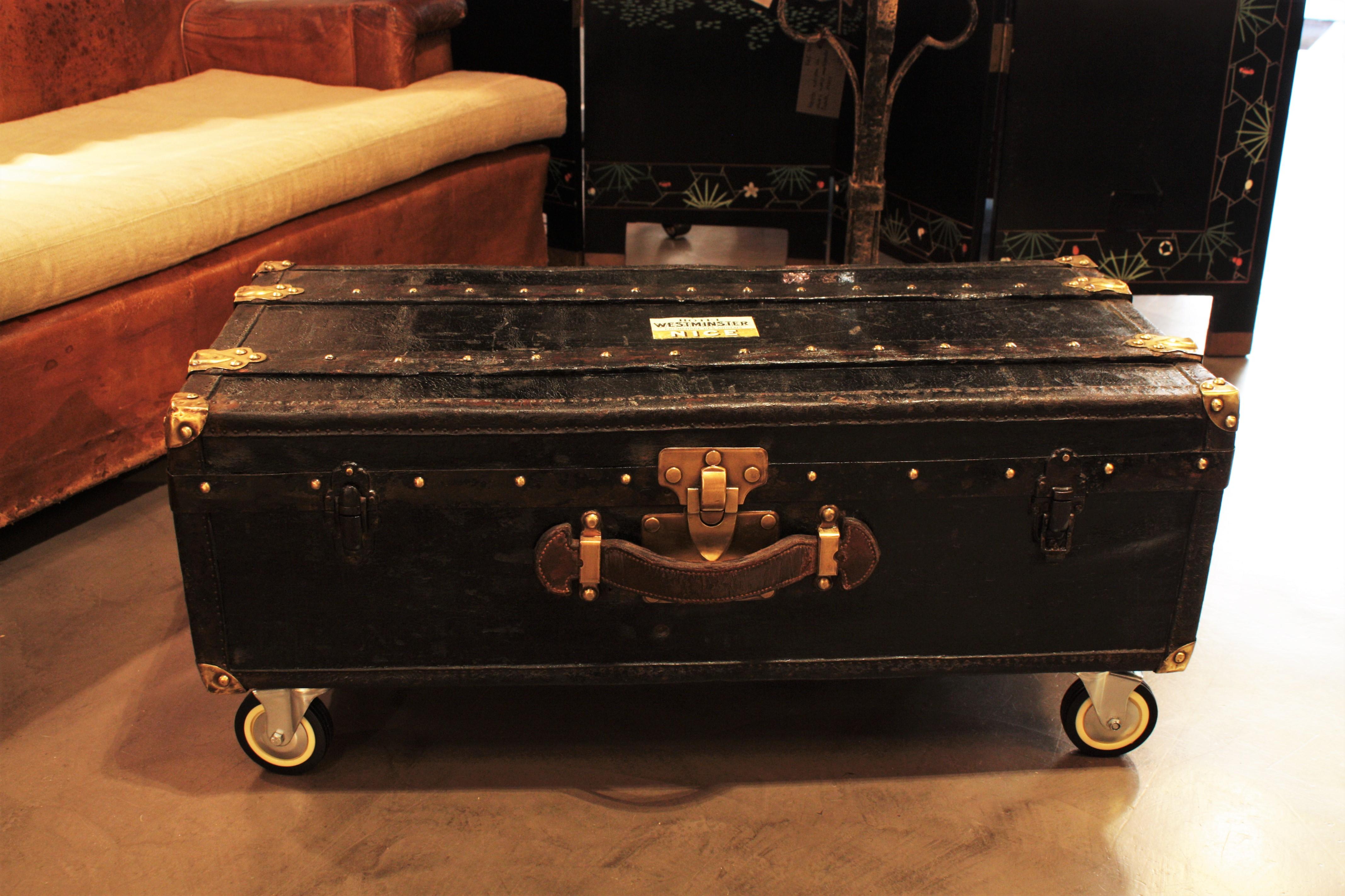 Brass  French Trunk or Coffee Table in Black Canvas, Leather and Wood For Sale