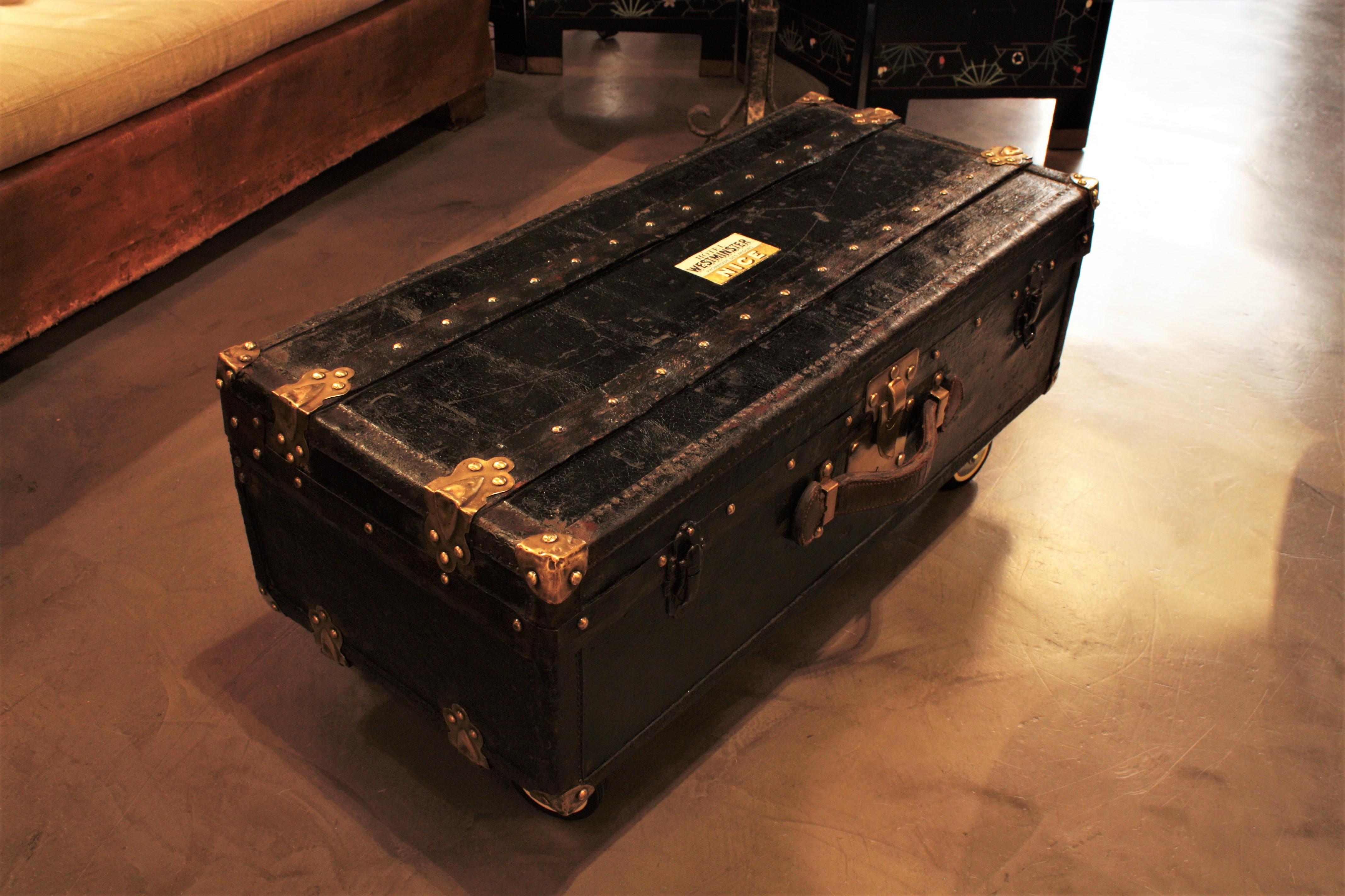  French Trunk or Coffee Table in Black Canvas, Leather and Wood For Sale 1