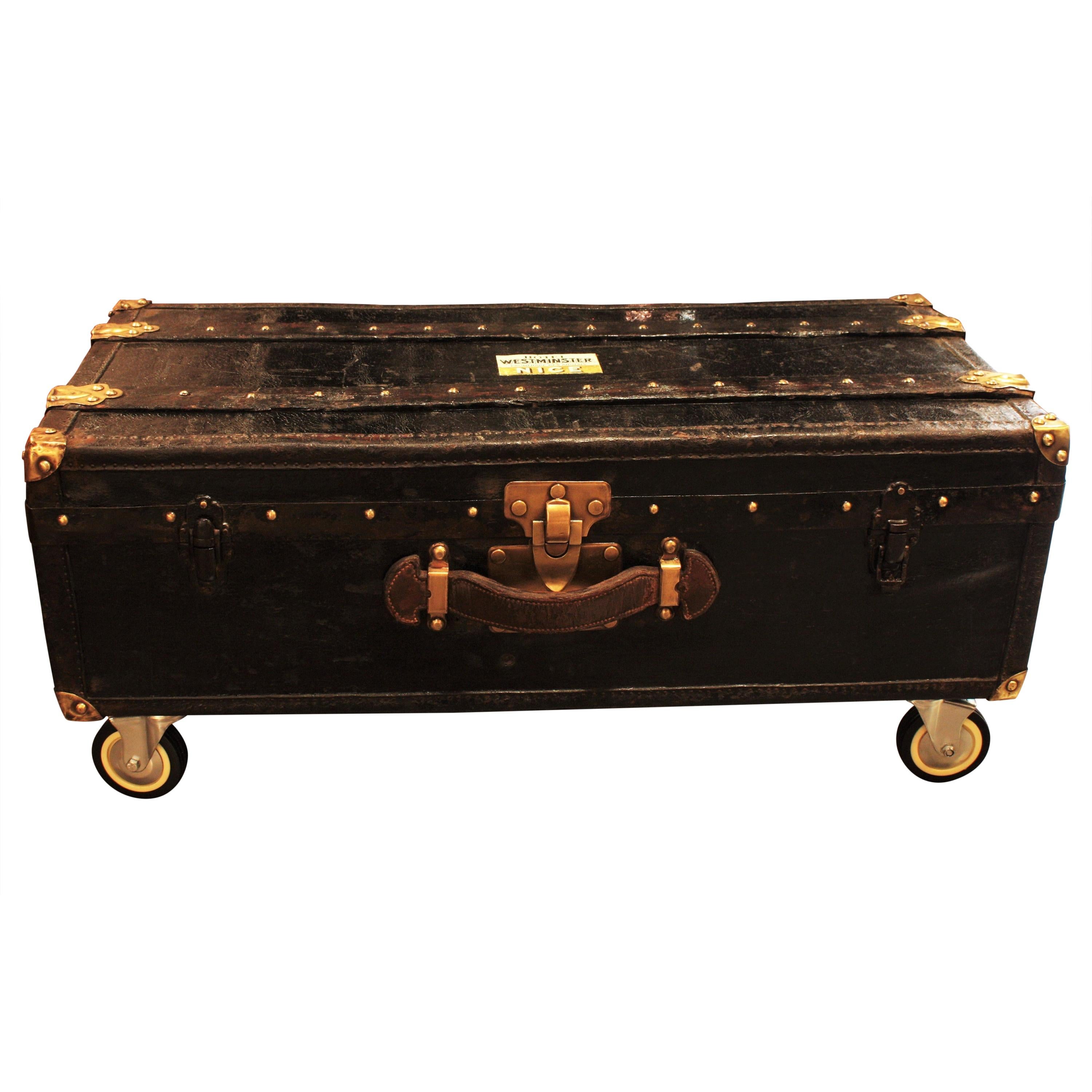 French Trunk or Coffee Table in Black Canvas, Leather and Wood For Sale