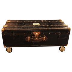 Used  French Trunk or Coffee Table in Black Canvas, Leather and Wood