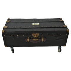 French Black Travel Trunk Coffee Table in Canvas, Leather and Wood