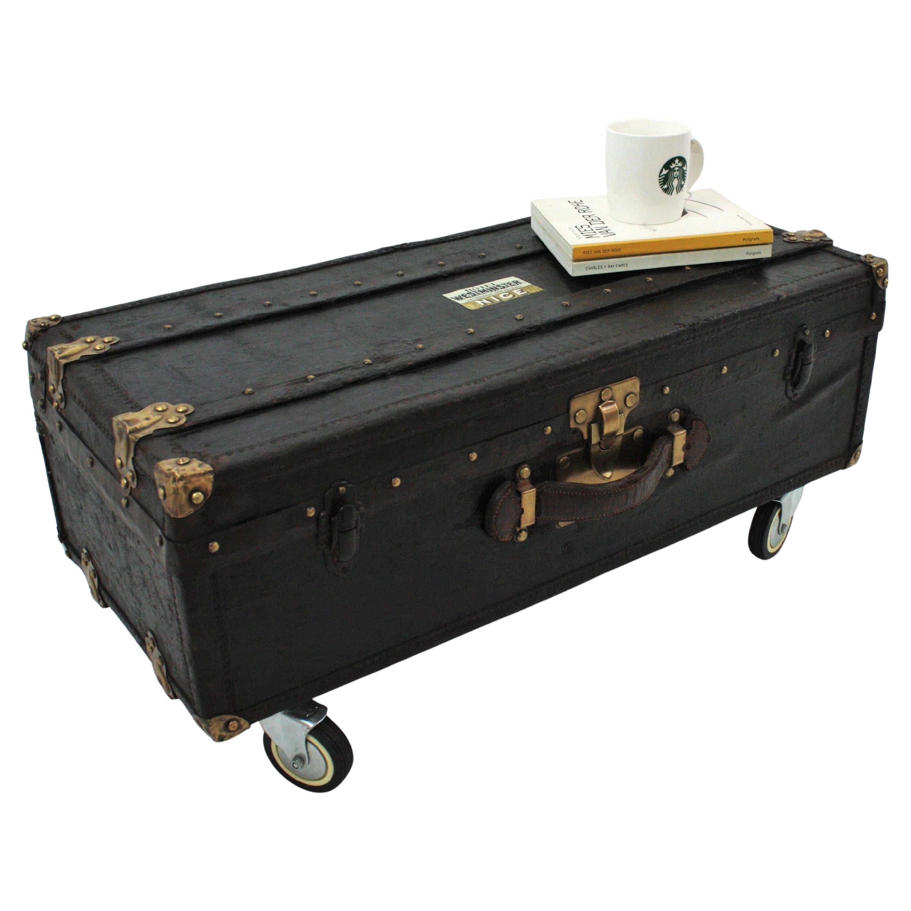 Tavolino da viaggio nero francese in tela, pelle e Wood